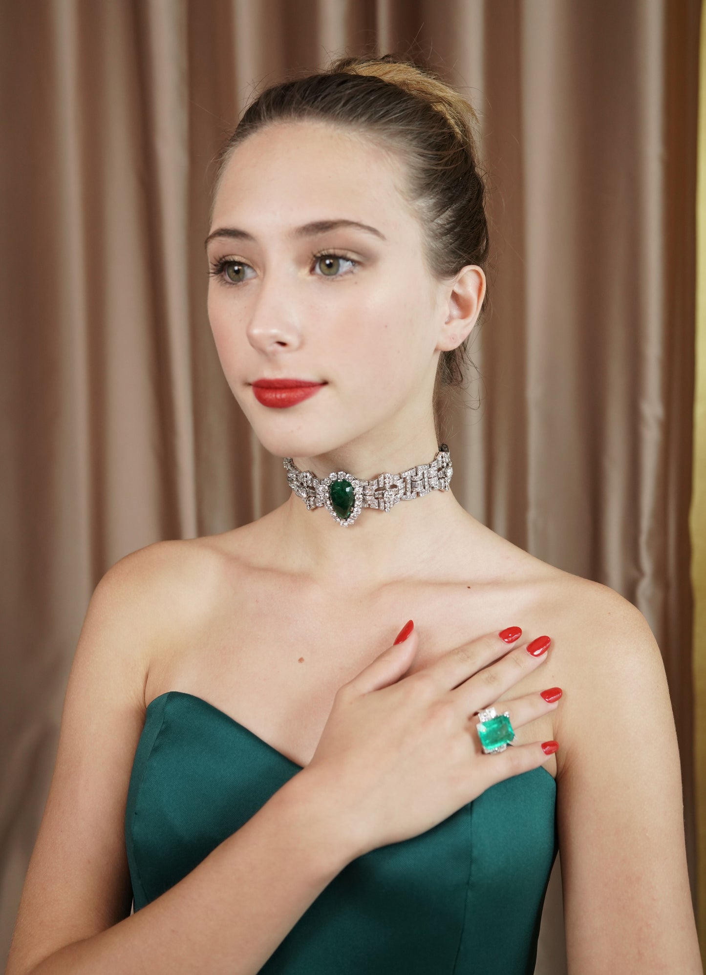 Clerc, Pear-shaped Platinum Diamond Emerald Bracelet