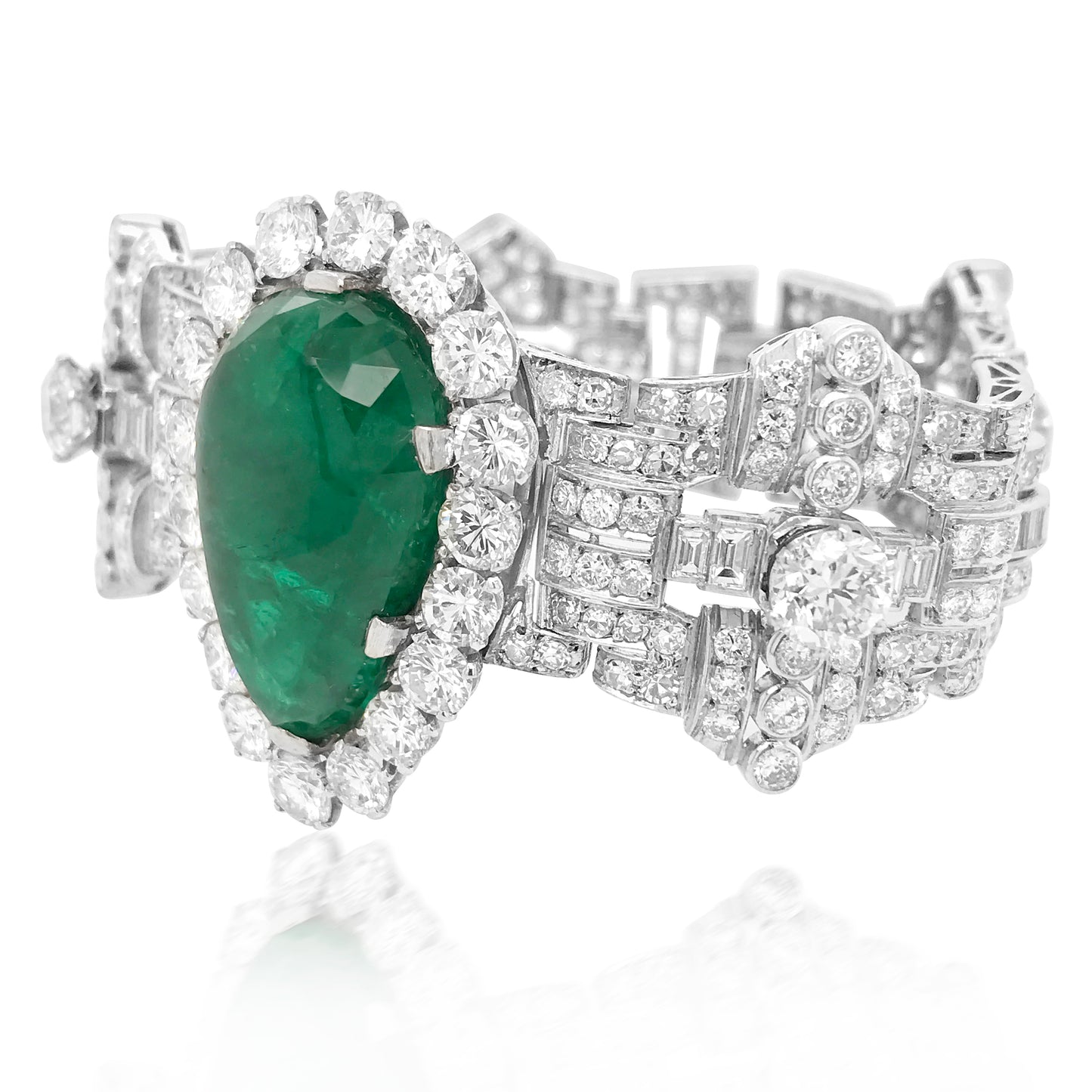 Clerc, Pear-shaped Platinum Diamond Emerald Bracelet