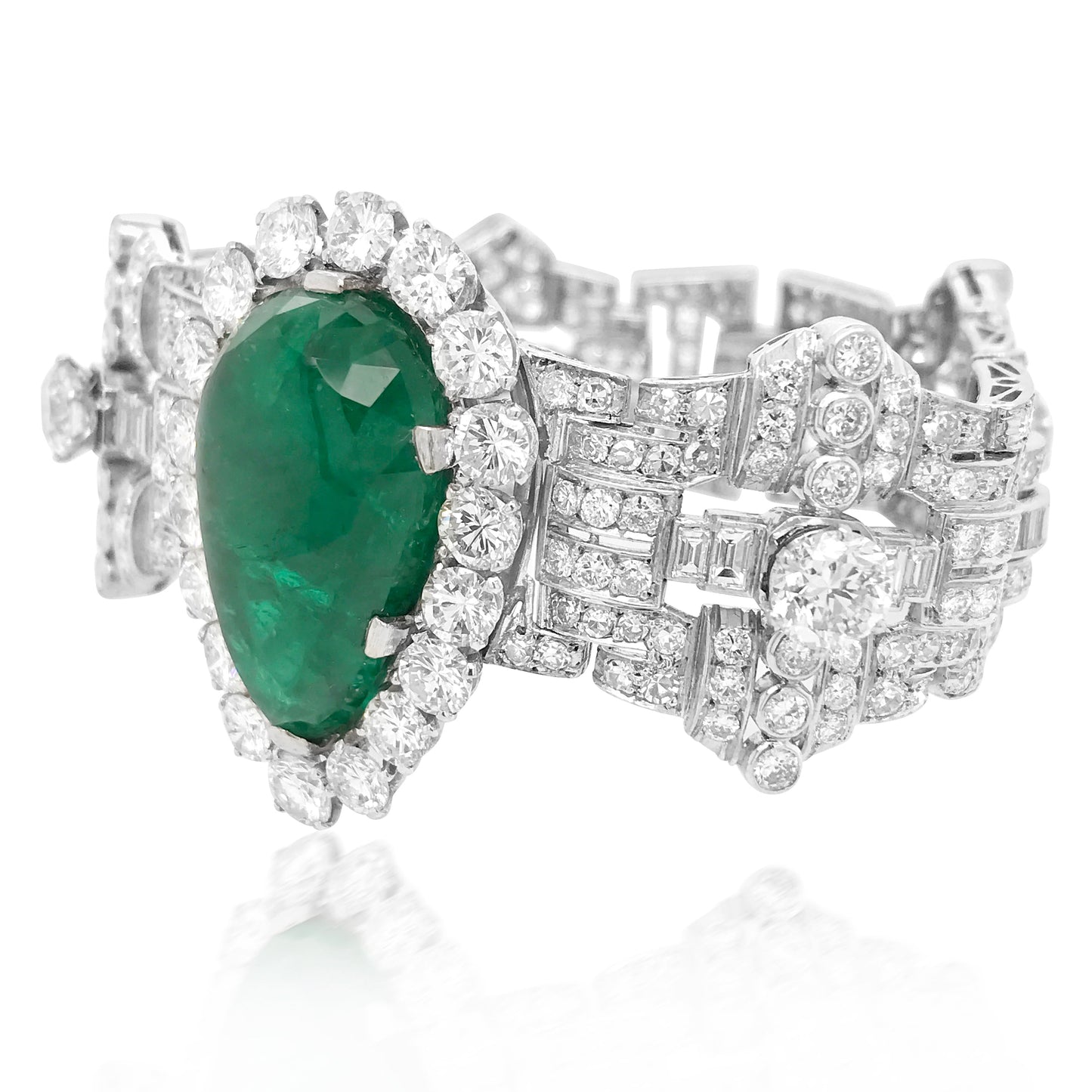 Clerc, Pear-shaped Platinum Diamond Emerald Bracelet Lueur Jewelry