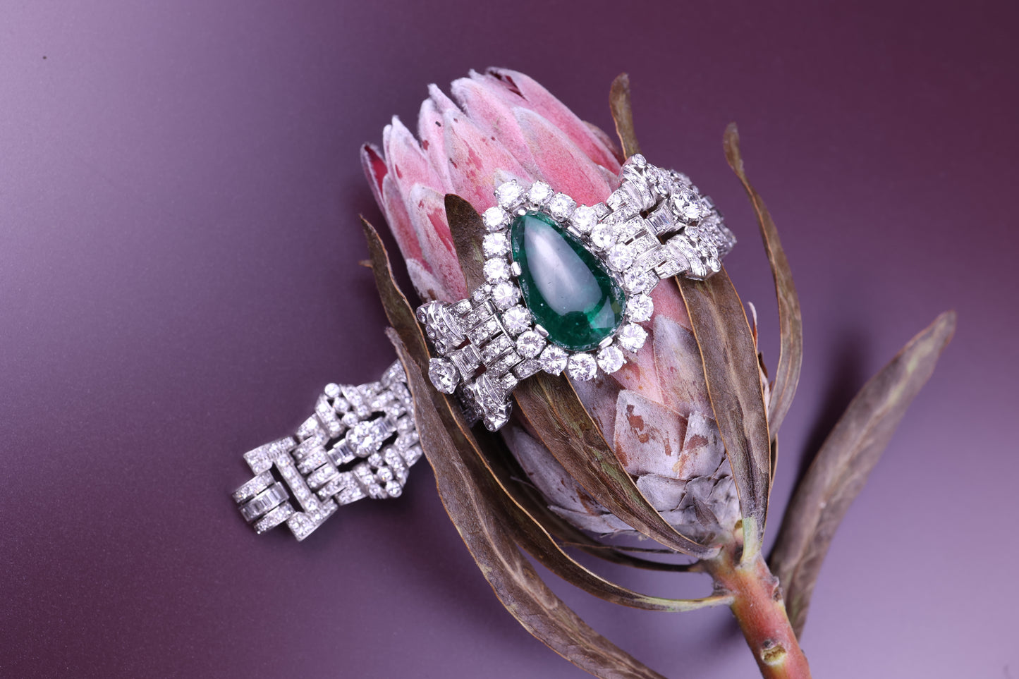 Clerc, Pear-shaped Platinum Diamond Emerald Bracelet