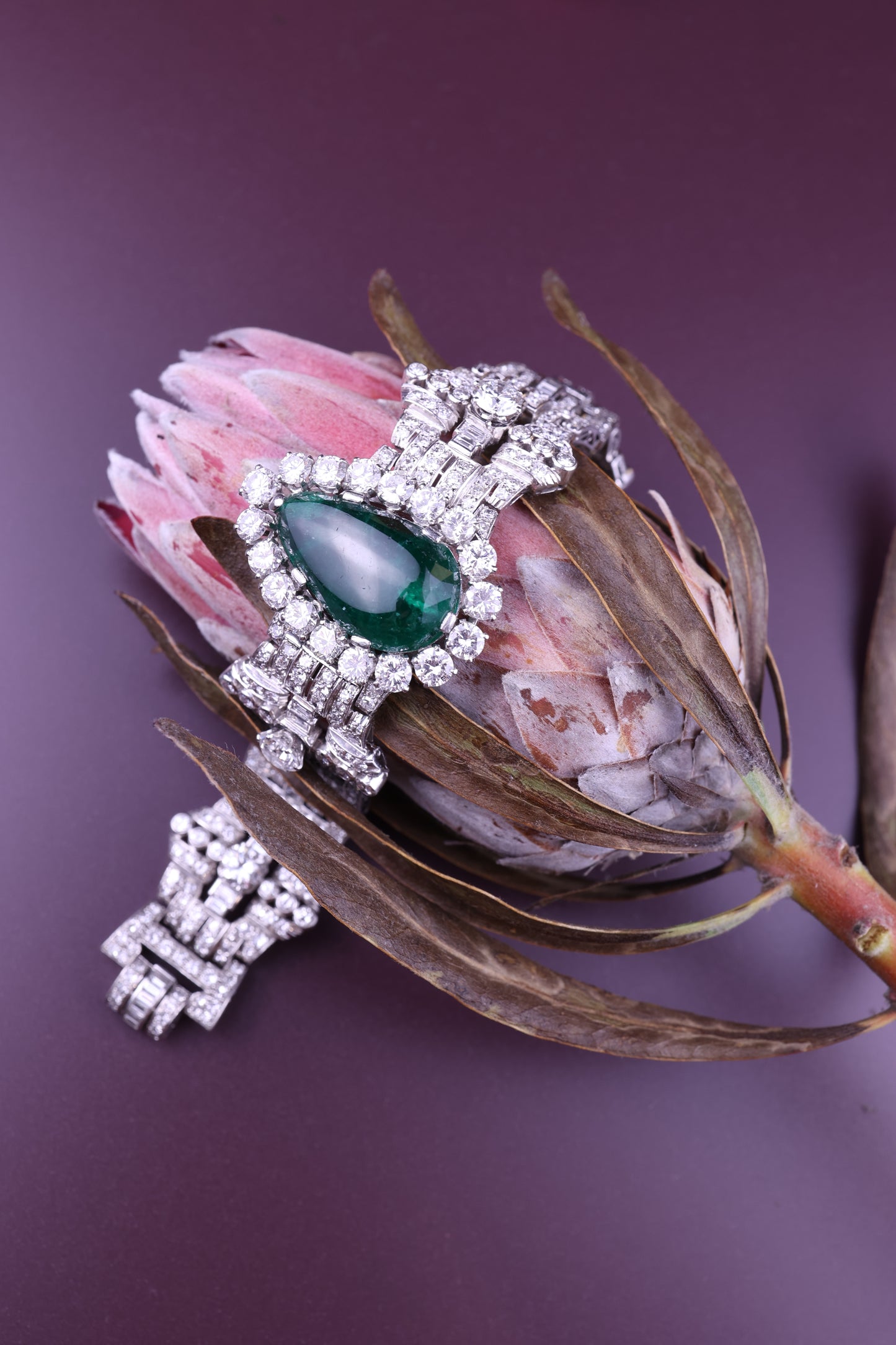 Clerc, Pear-shaped Platinum Diamond Emerald Bracelet