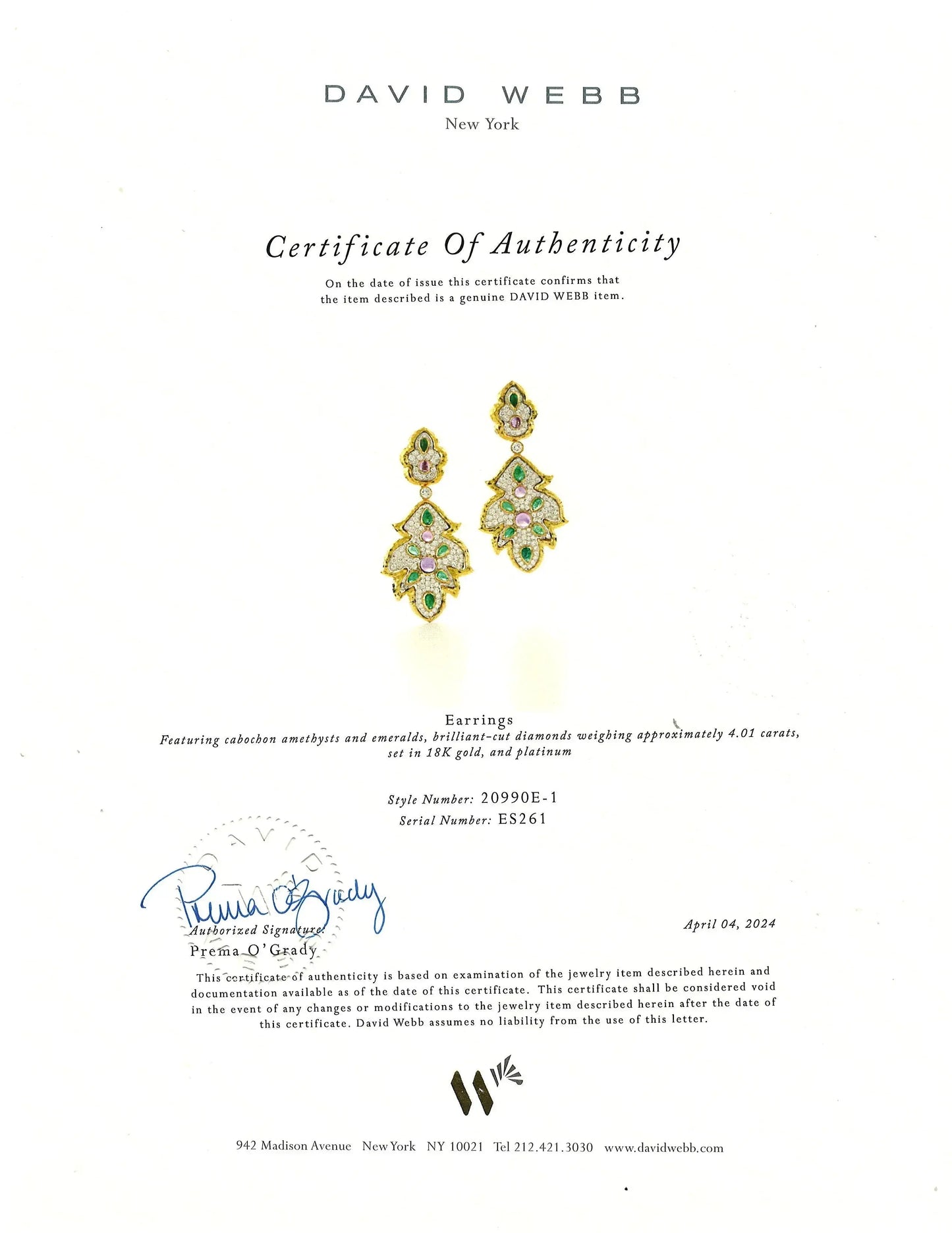 David Webb, Platinum 18K Gold Amethyst Emerald Diamond Earrings, Certificate