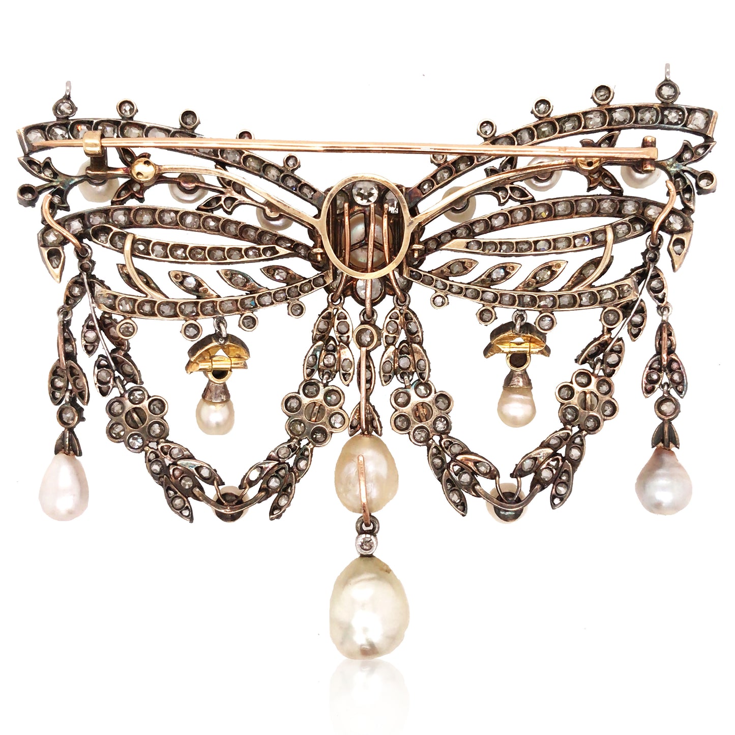 Silver-top 18K Gold Diamond Natural Pearl Brooch, GIA