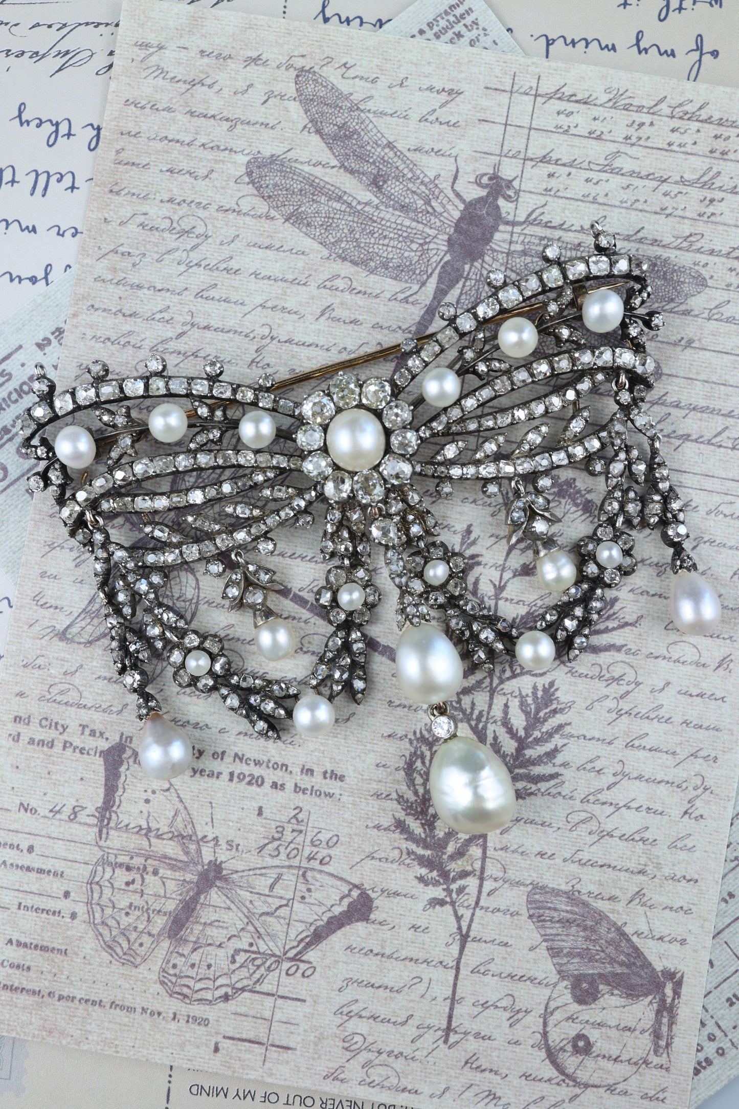 Silver-top 18K Gold Diamond Natural Pearl Brooch, GIA