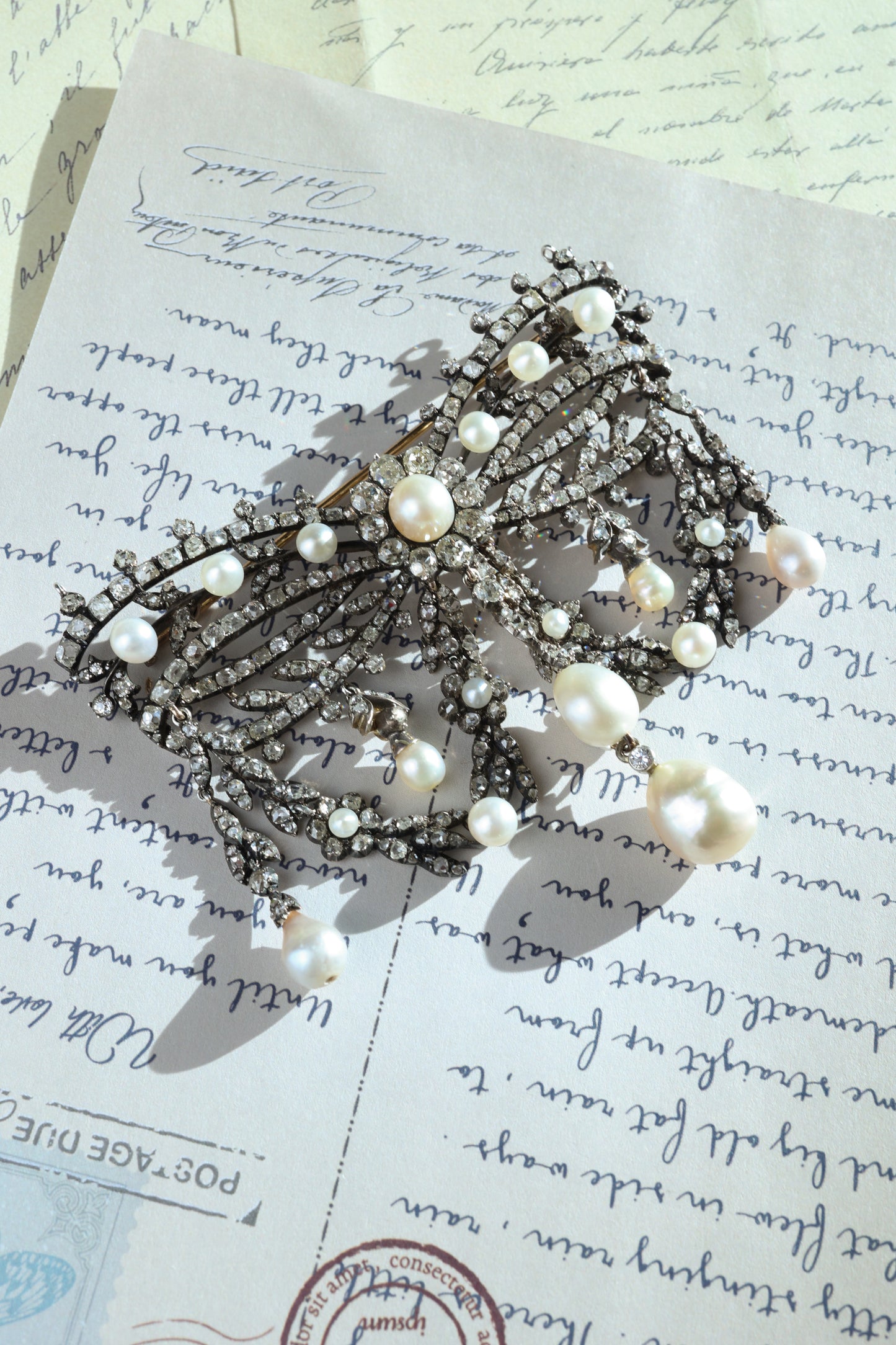 Silver-top 18K Gold Diamond Natural Pearl Brooch, GIA