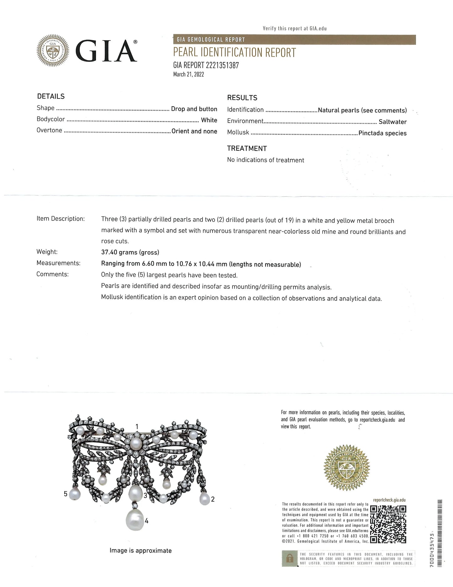 Silver-top 18K Gold Diamond Natural Pearl Brooch, GIA Lueur Jewelry