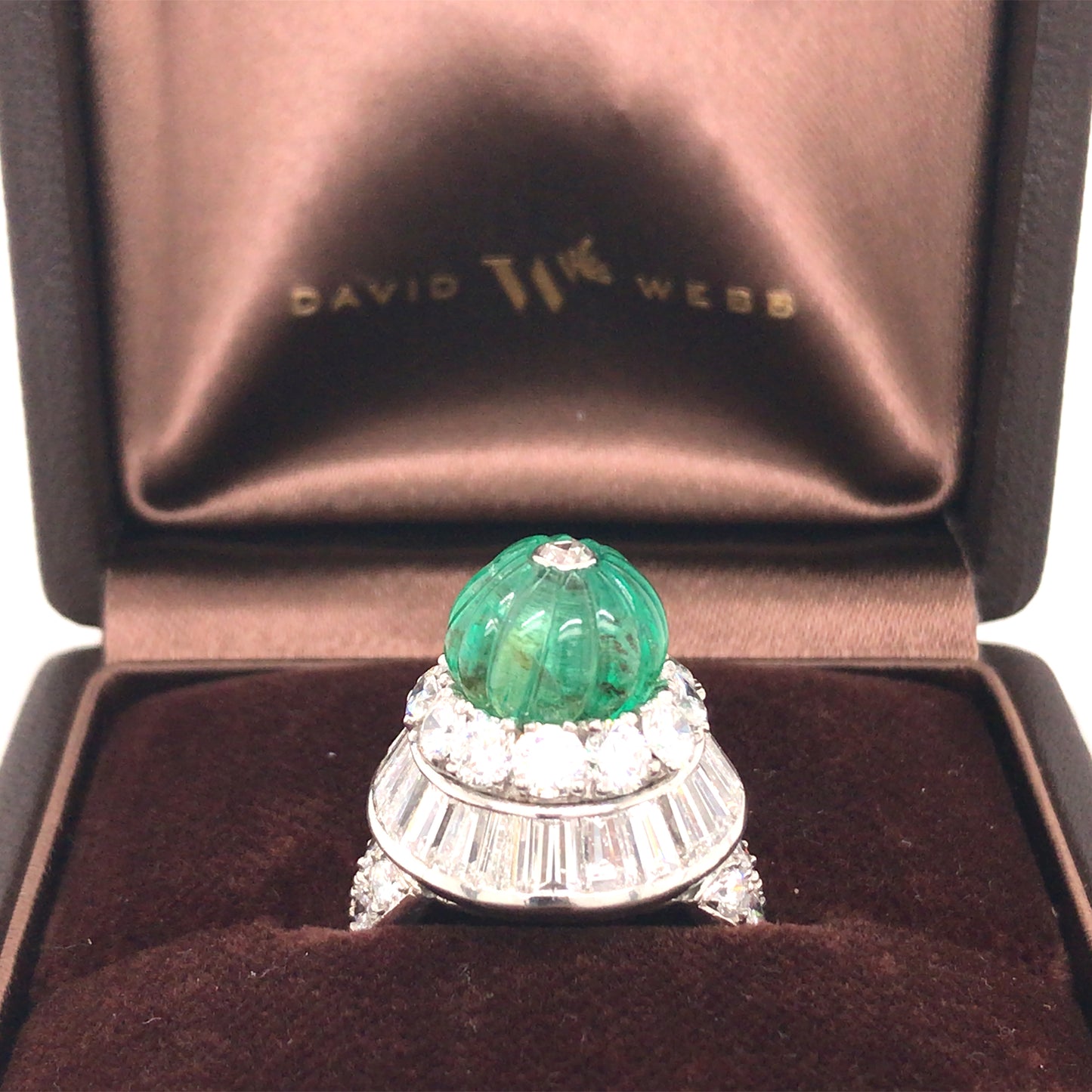 David Webb, Platinum 18K Gold Emerald Diamond Ring, Certificate
