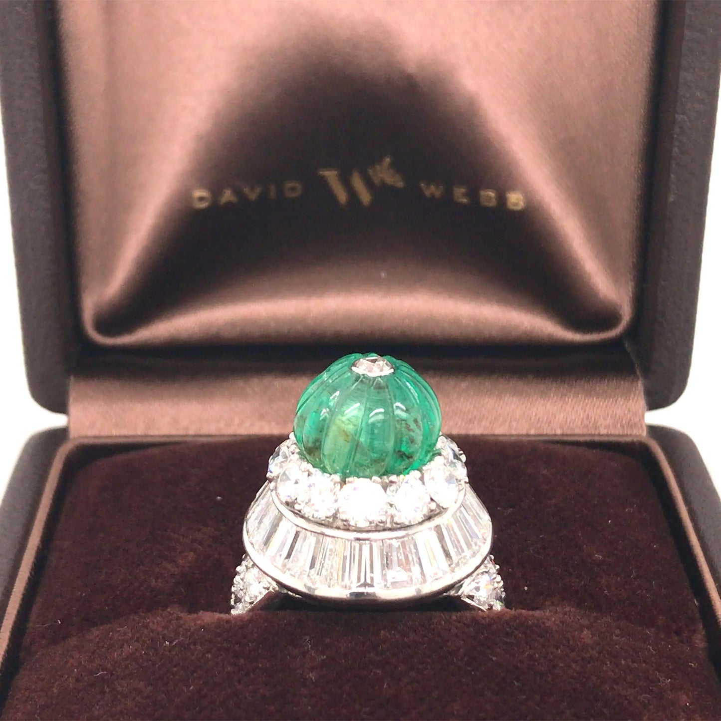 David Webb, Platinum 18K Gold Emerald Diamond Ring, Certificate David Webb