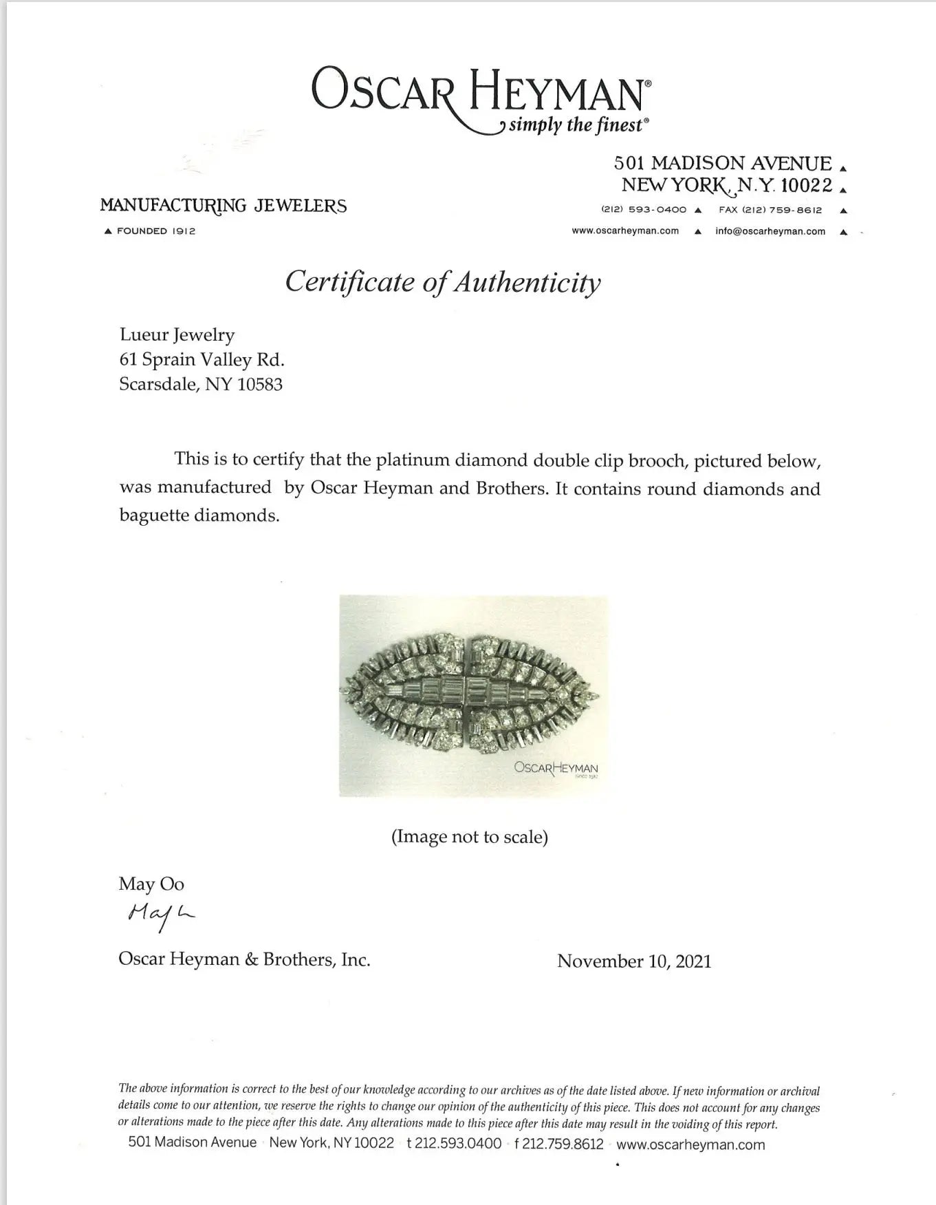 Oscar Heyman, Platinum Diamond Double-pin Brooch, Certificate Oscar Heyman