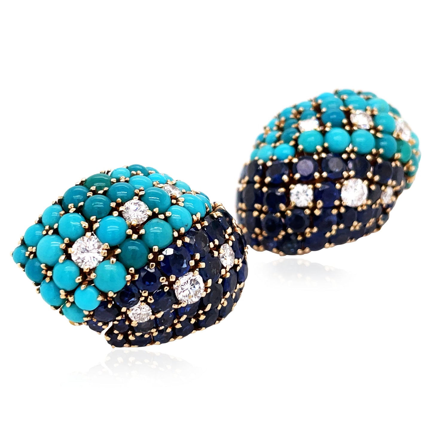 David Webb, 18K Gold Turquoise Sapphire Diamond Earrings