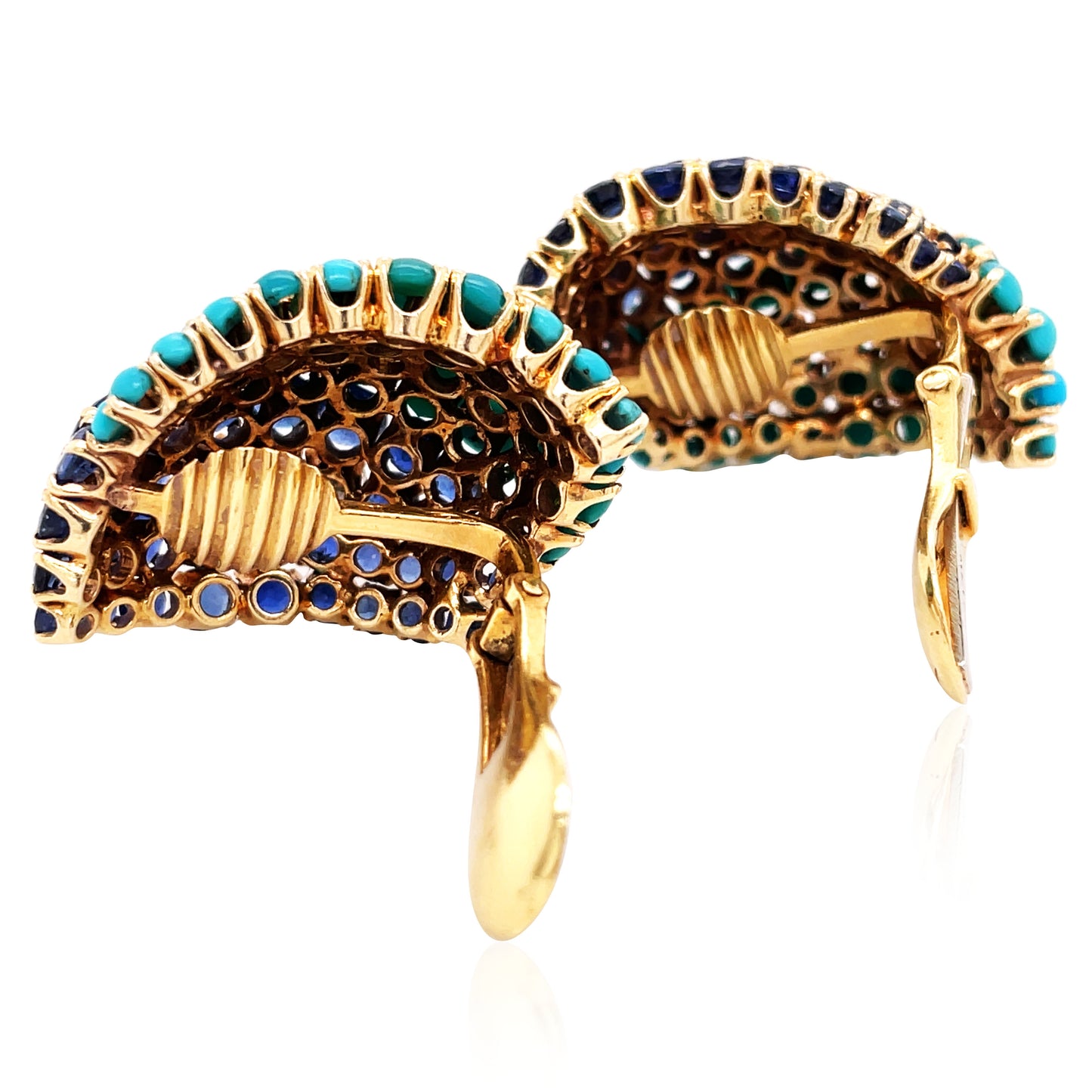David Webb, 18K Gold Turquoise Sapphire Diamond Earrings