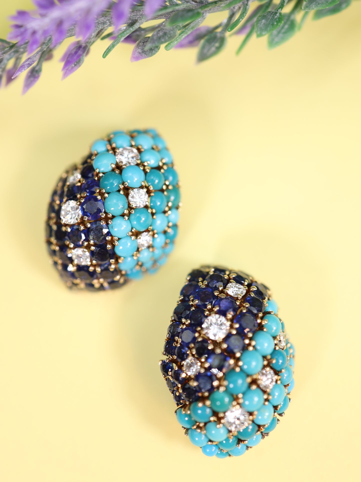 David Webb, 18K Gold Turquoise Sapphire Diamond Earrings