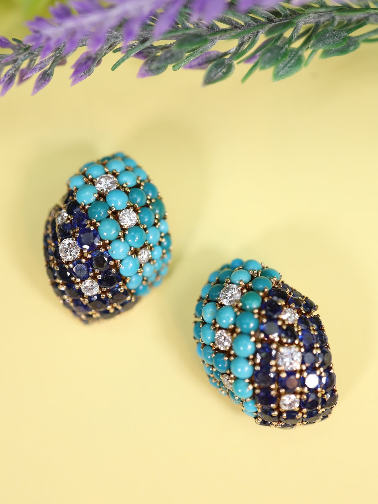 David Webb, 18K Gold Turquoise Sapphire Diamond Earrings