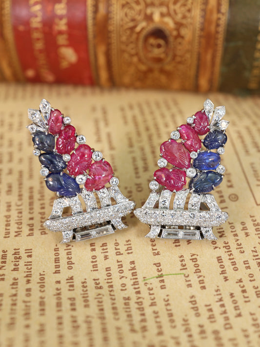 Oscar Heyman, Platinum Art Deco Diamond Gemstone Brooch Oscar Heyman