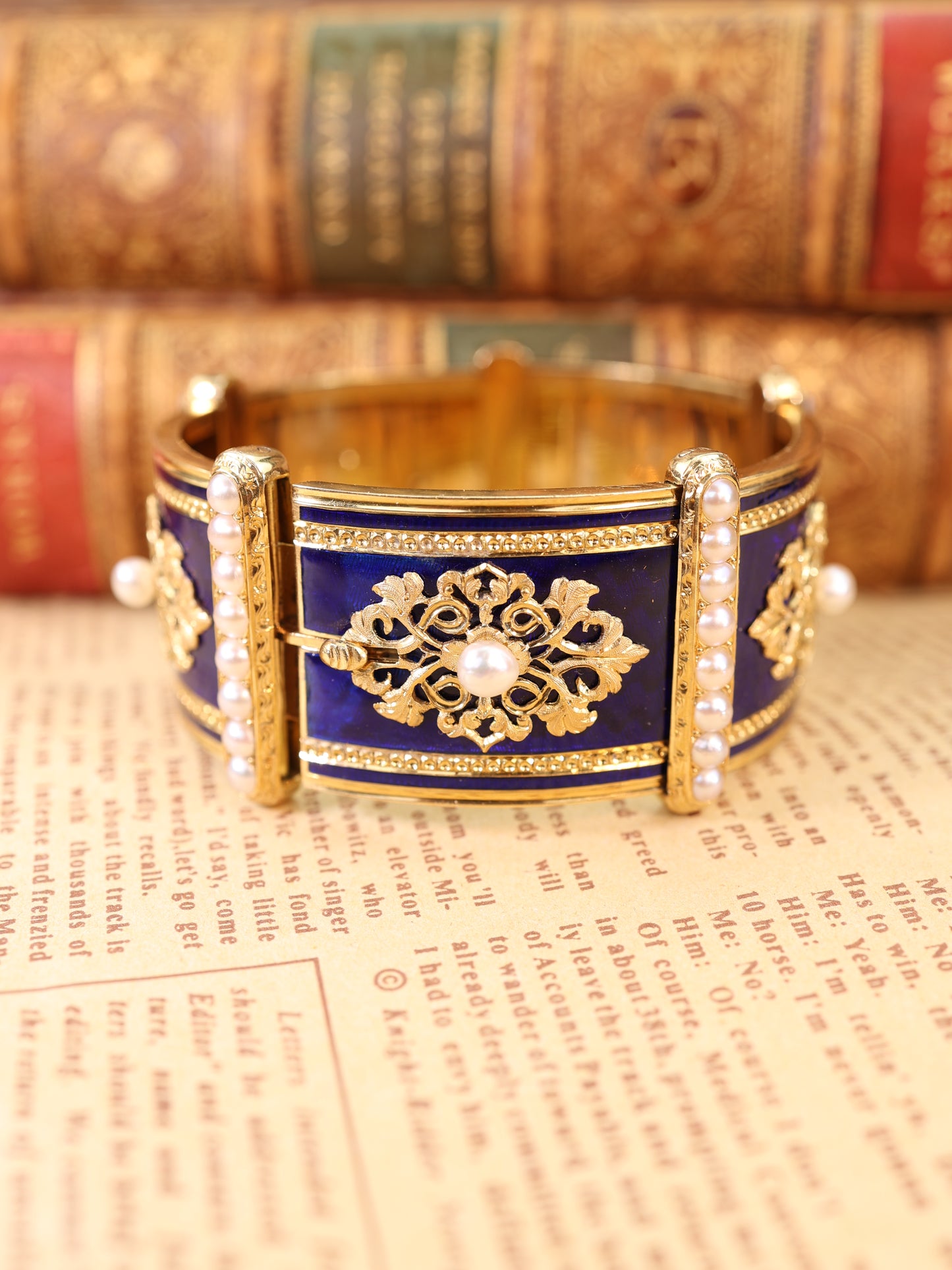 18K Gold Enamel Pearl Bangle