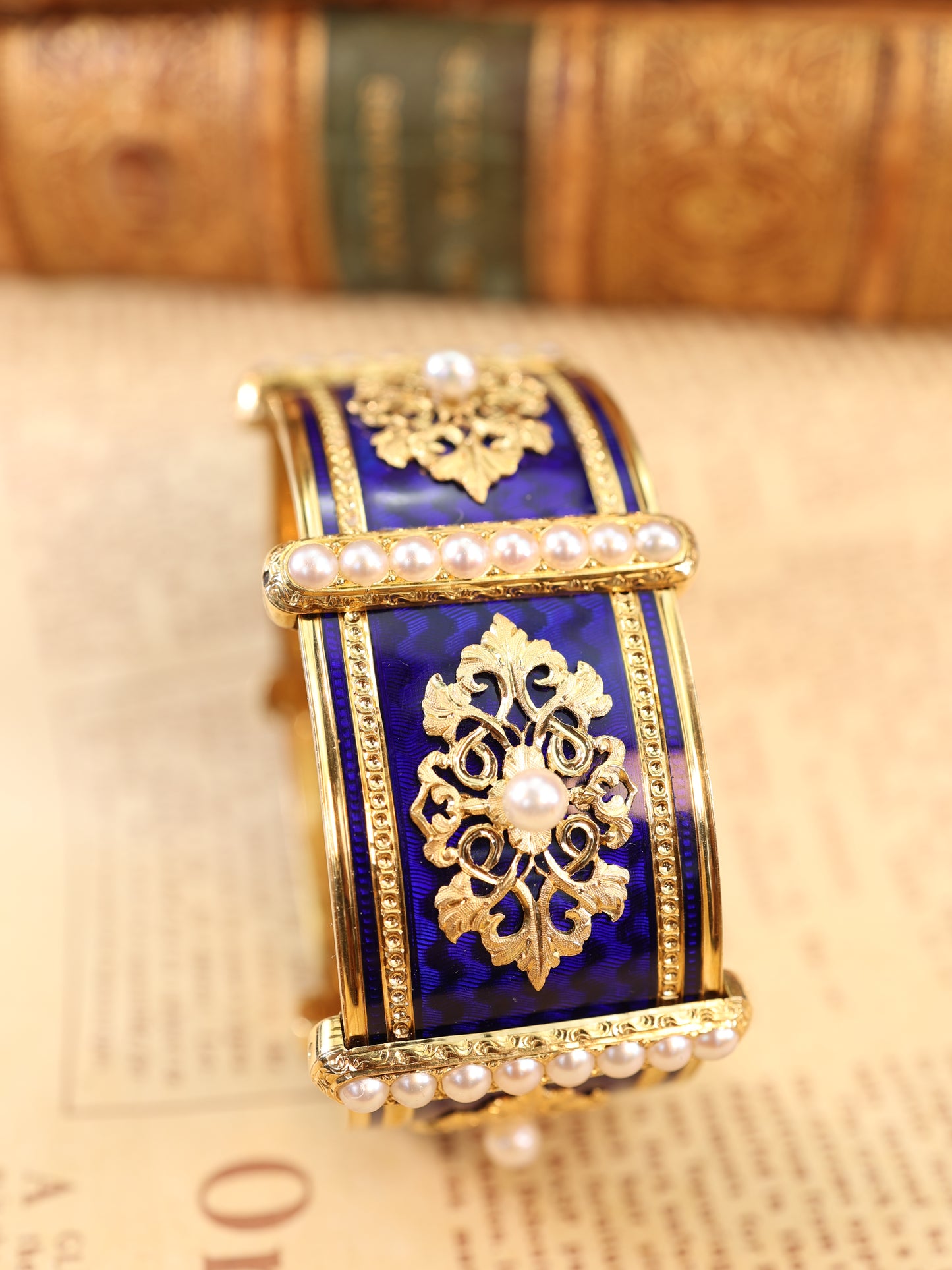 18K Gold Enamel Pearl Bangle