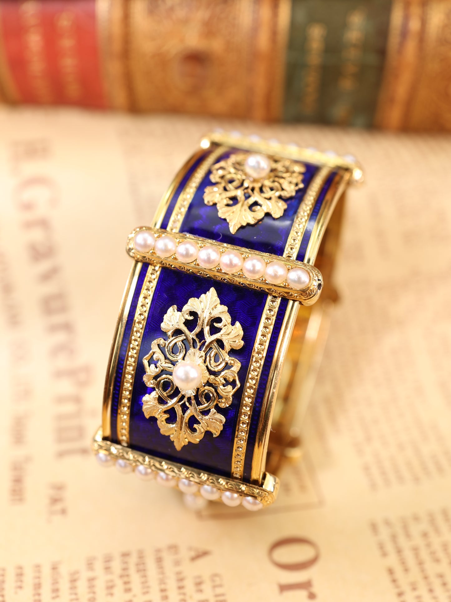 18K Gold Enamel Pearl Bangle
