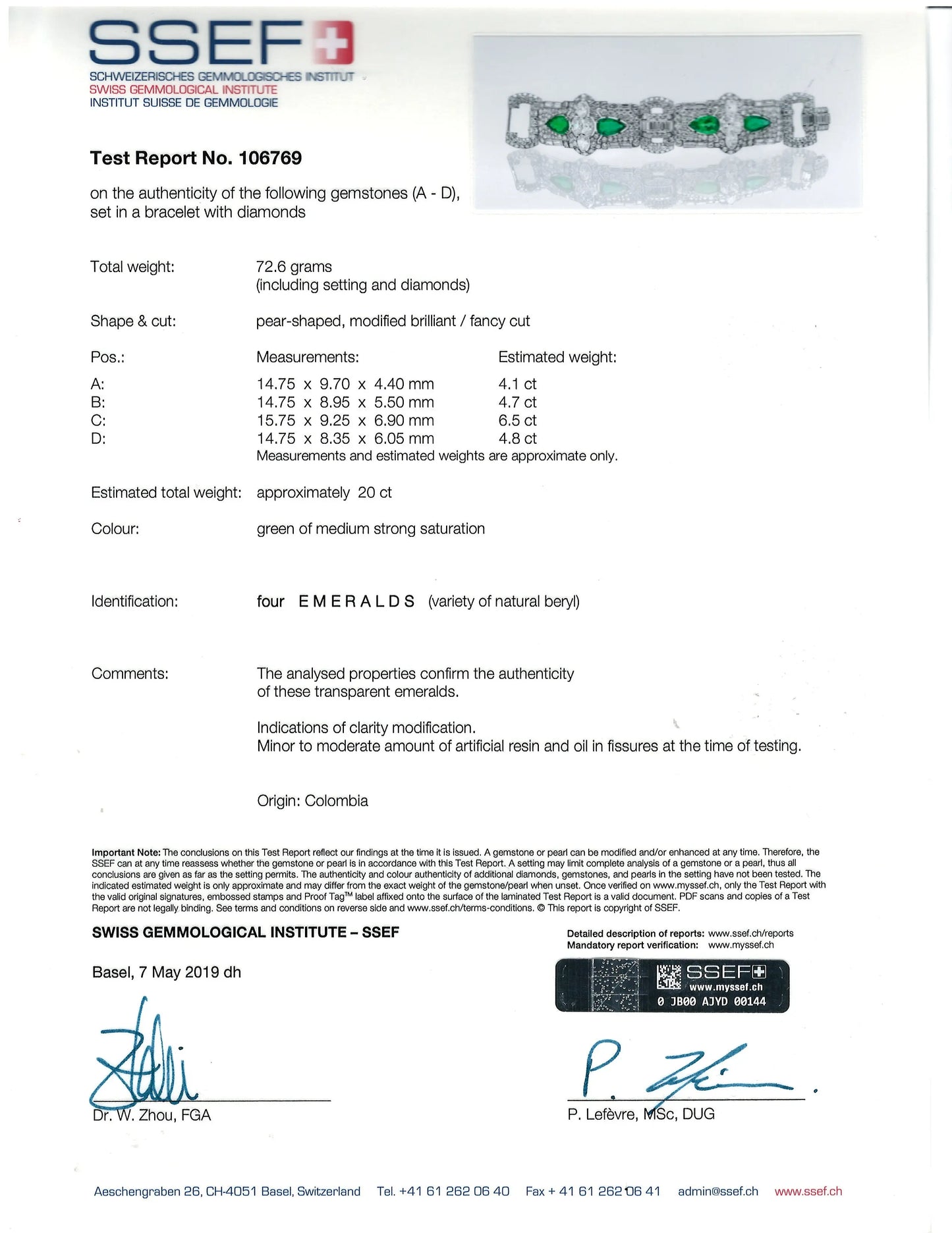 Platinum Colombia Emerald Diamond Bracelet, SSEF Lueur Jewelry