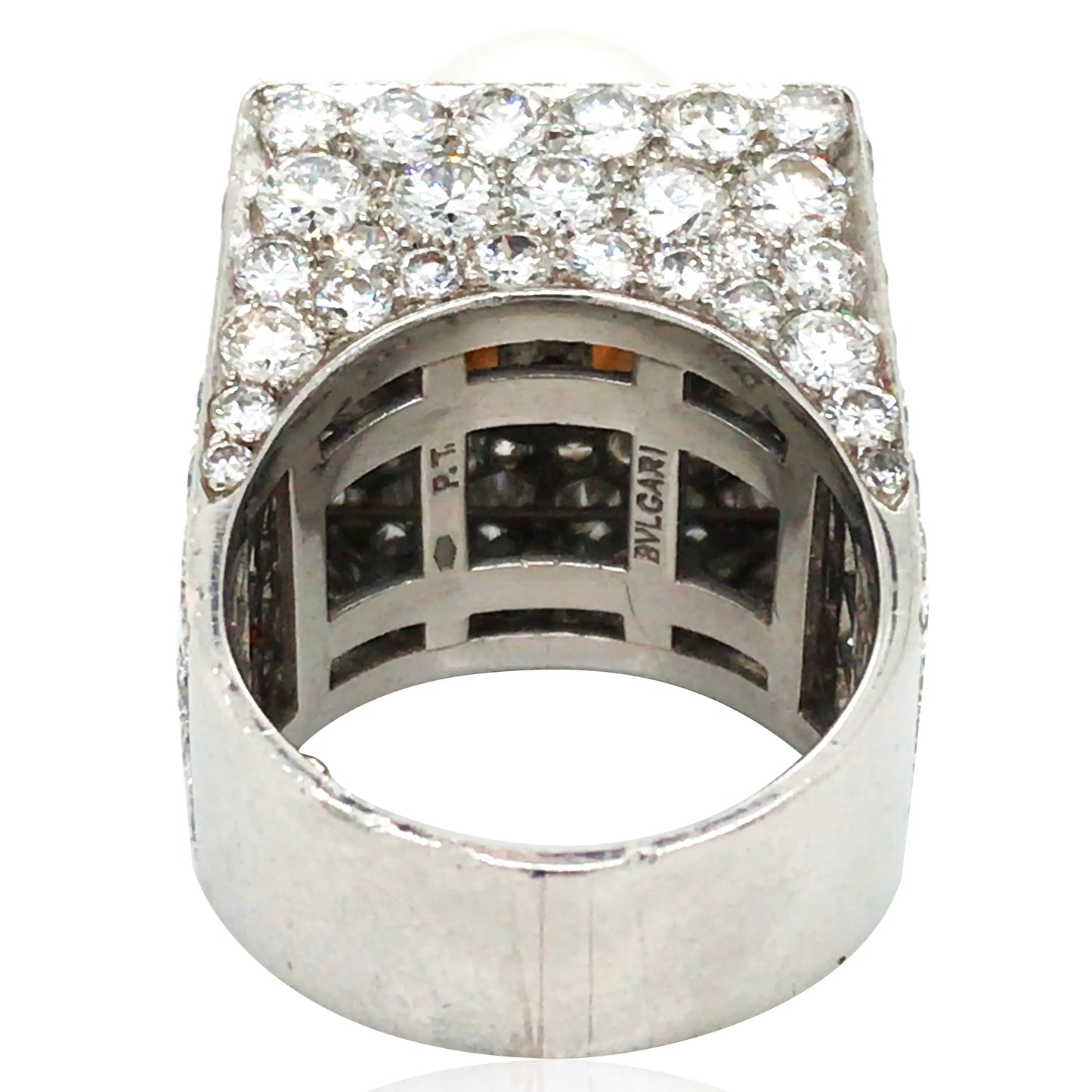 Bvlgari, Platinum Pearl Diamond Trombino Ring, GIA Bvlgari