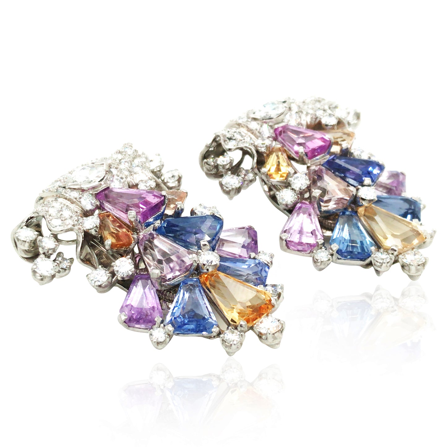 Oscar Heyman, Platinum Multi-color Sapphire Diamond Earrings, Certificate
