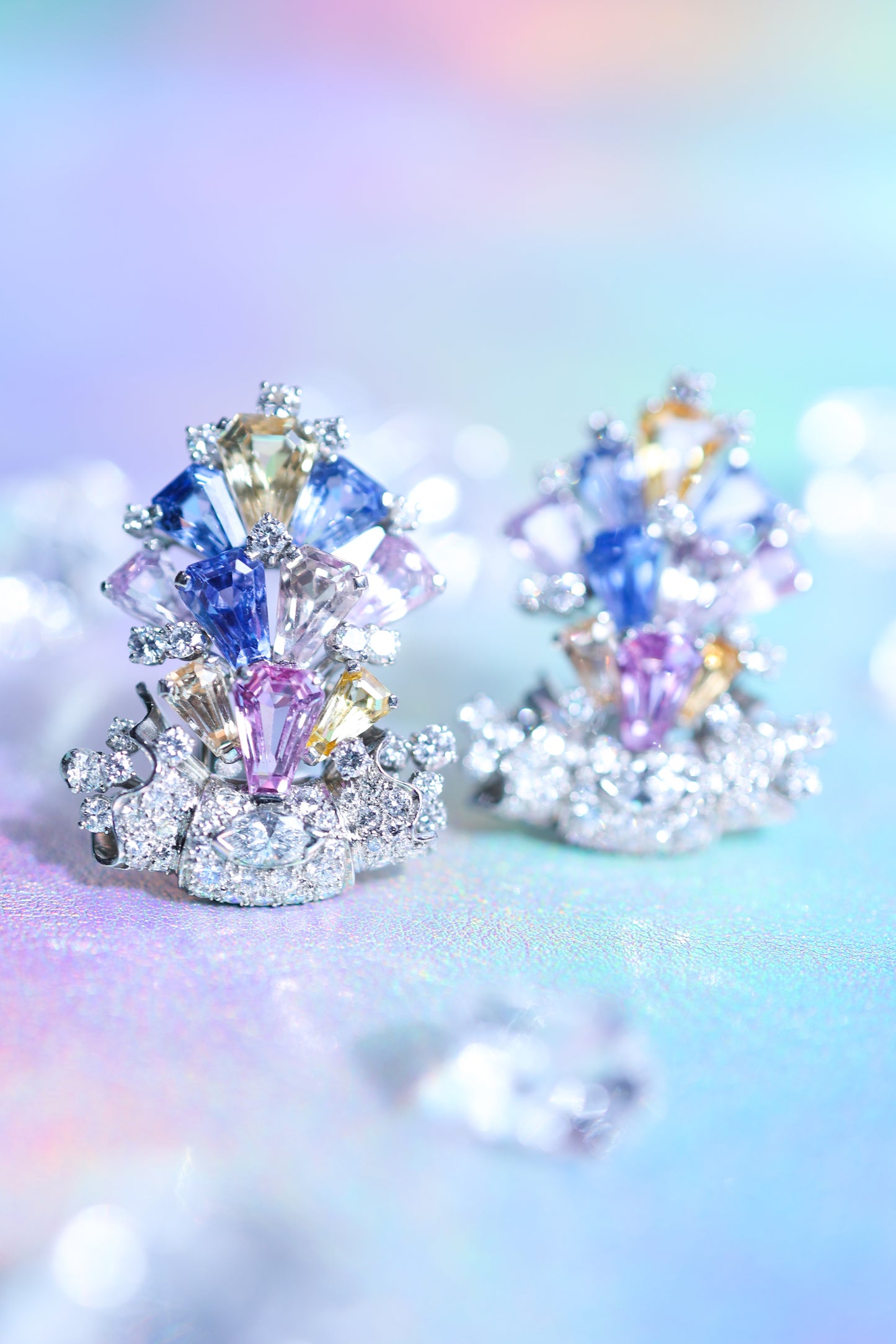 Oscar Heyman, Platinum Multi-color Sapphire Diamond Earrings, Certificate