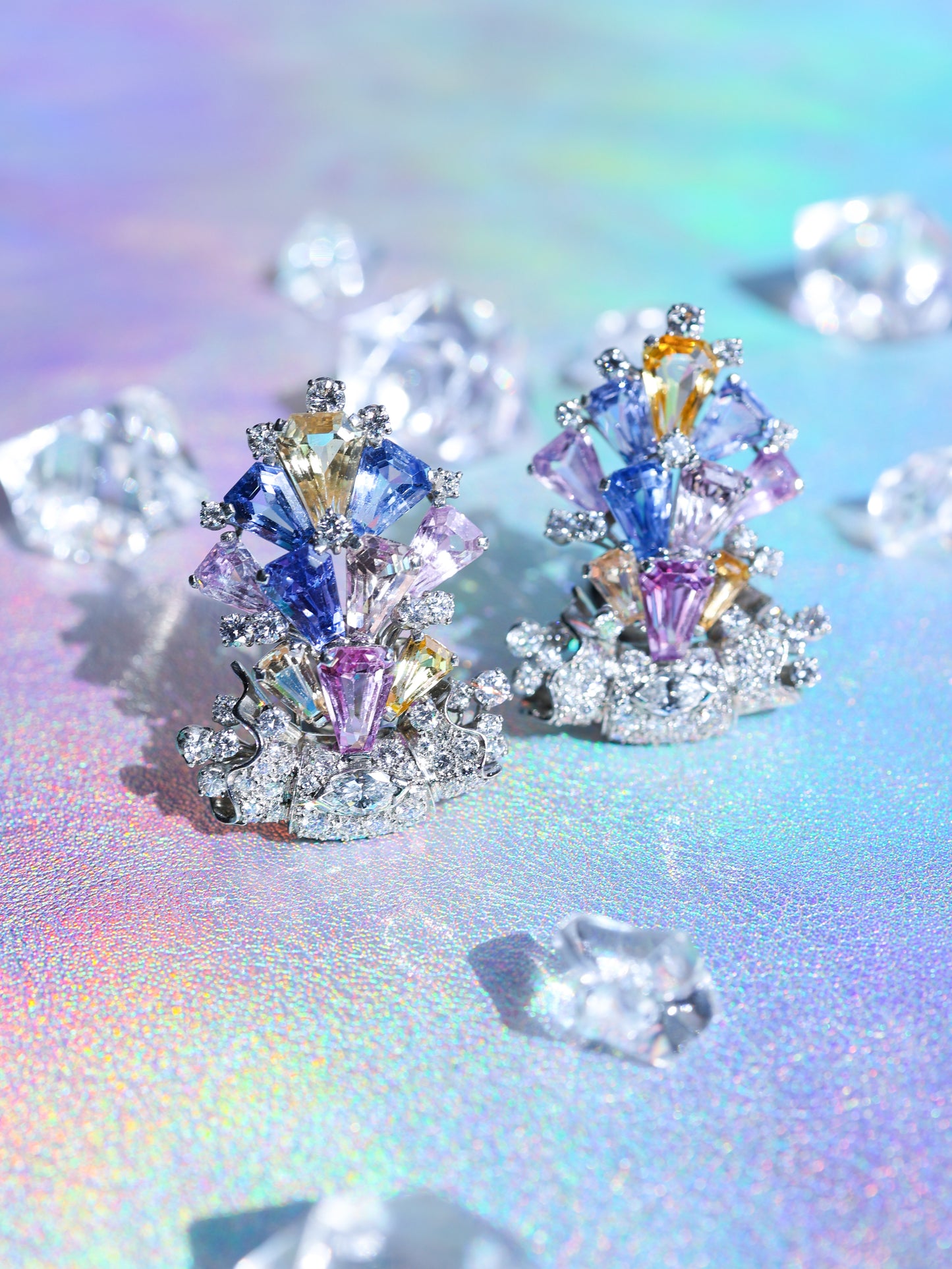 Oscar Heyman, Platinum Multi-color Sapphire Diamond Earrings, Certificate