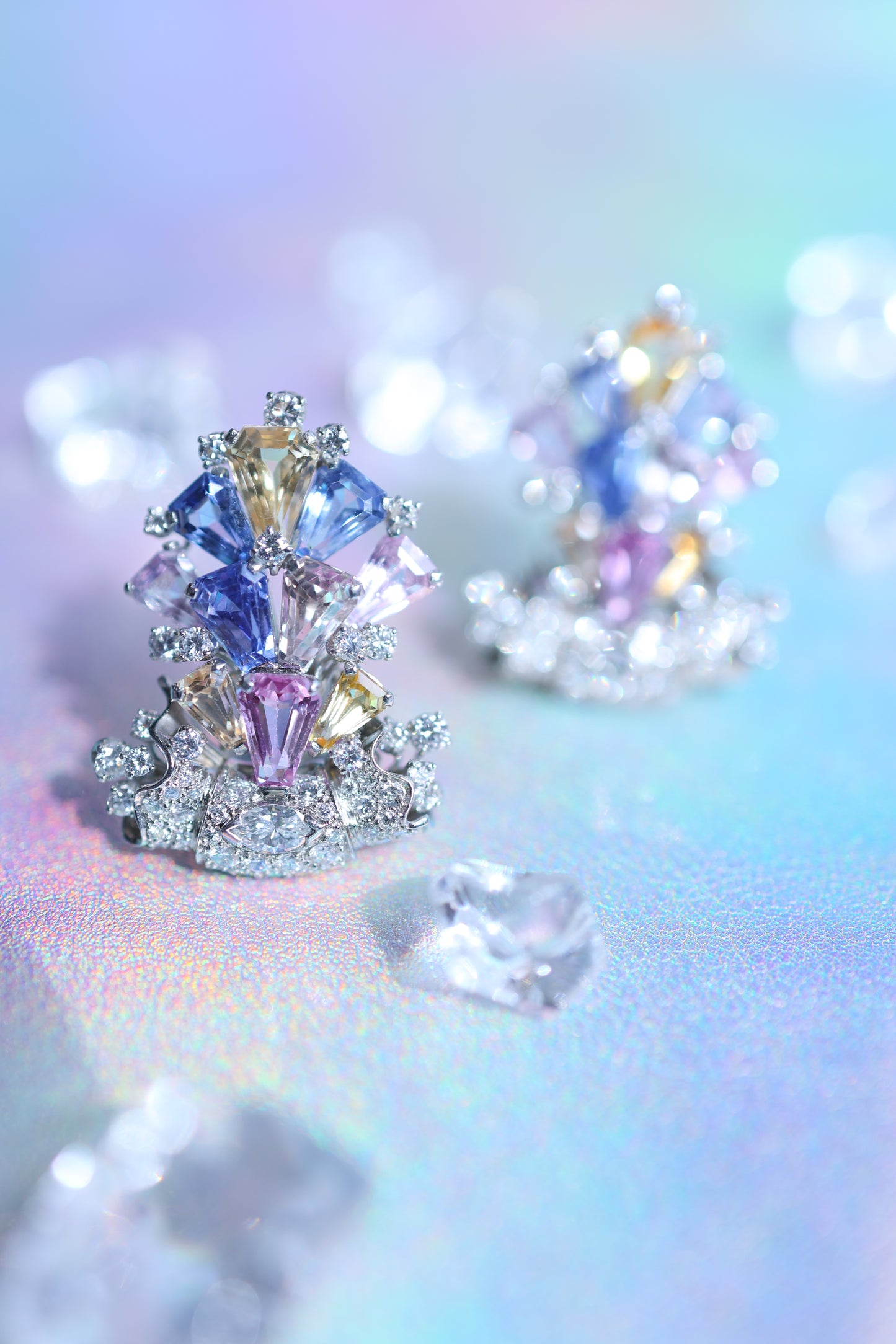 Oscar Heyman, Platinum Multi-color Sapphire Diamond Earrings, Certificate
