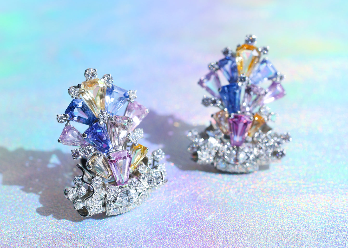Oscar Heyman, Platinum Multi-color Sapphire Diamond Earrings, Certificate