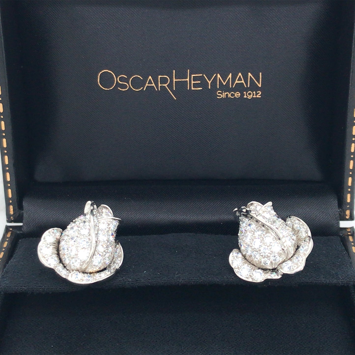 Oscar Heyman, Platinum 18K Gold Diamond Flower Earrings, Certificate
