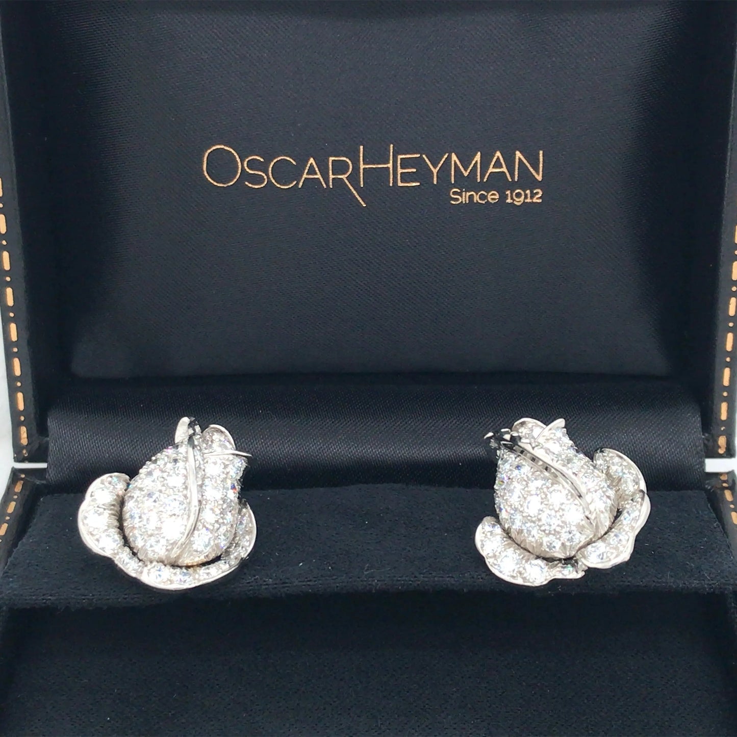 Oscar Heyman, Platinum 18K Gold Diamond Flower Earrings, Certificate Oscar Heyman