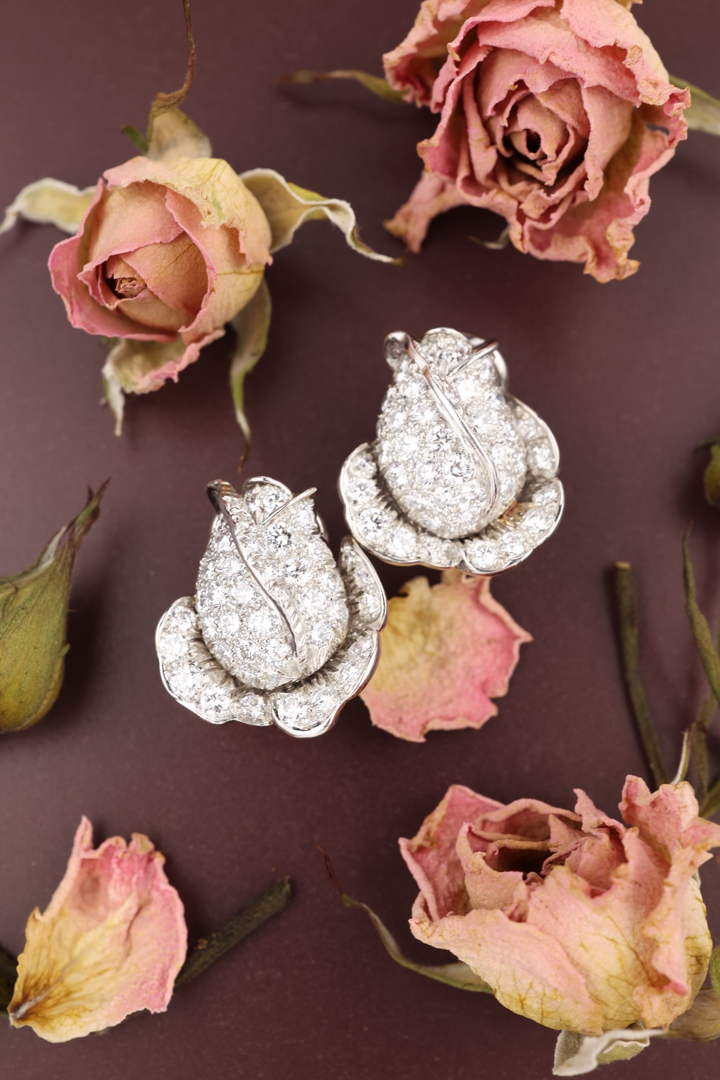 Oscar Heyman, Platinum 18K Gold Diamond Flower Earrings, Certificate