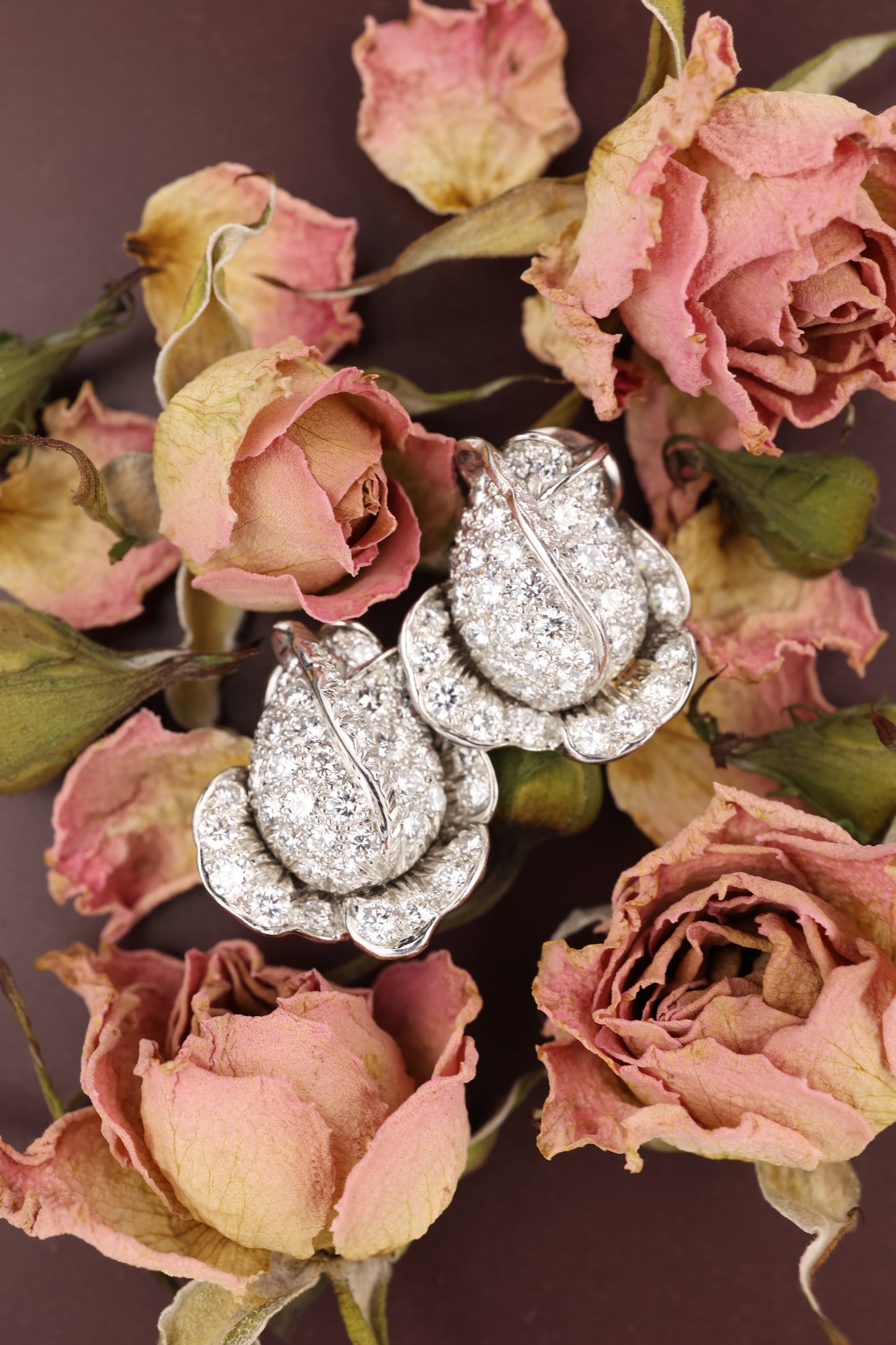 Oscar Heyman, Platinum 18K Gold Diamond Flower Earrings, Certificate