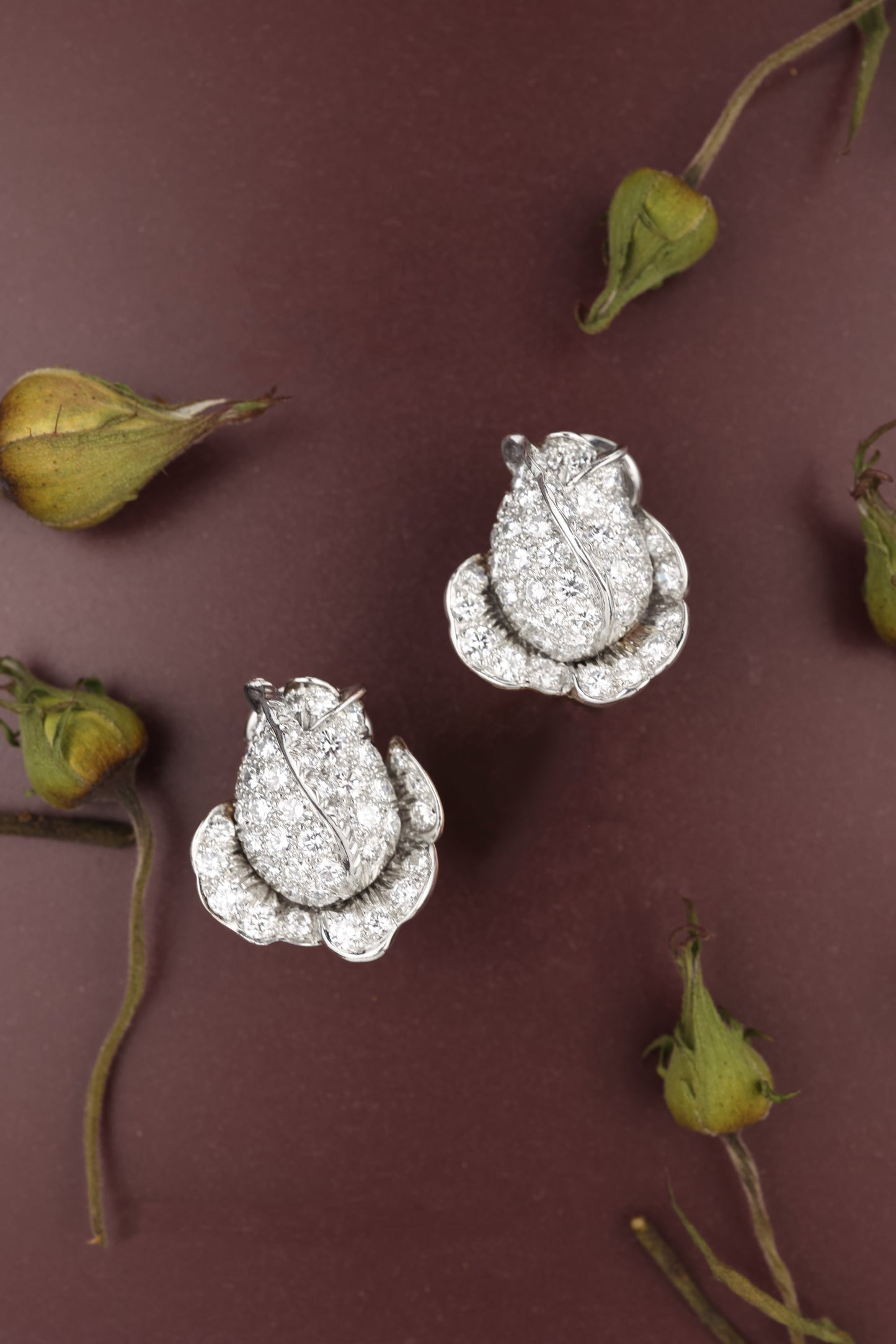 Oscar Heyman, Platinum 18K Gold Diamond Flower Earrings, Certificate
