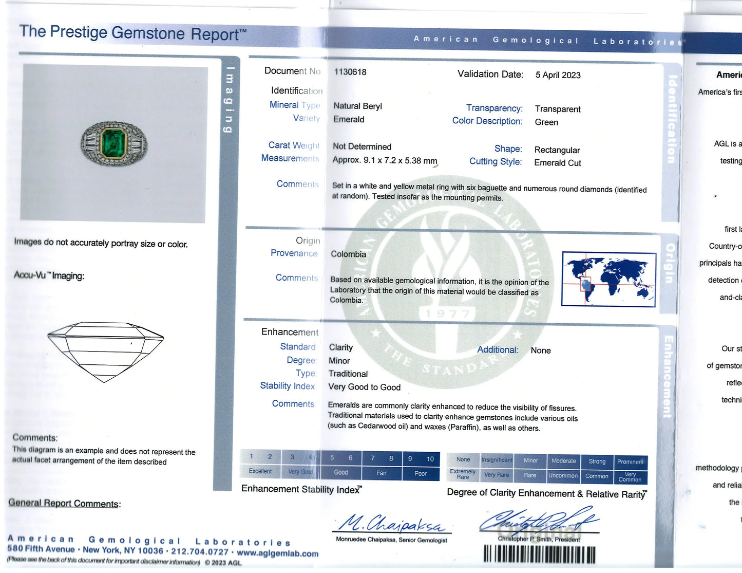 18K Gold Colombia Emerald Diamond Ring, AGL Lueur Jewelry
