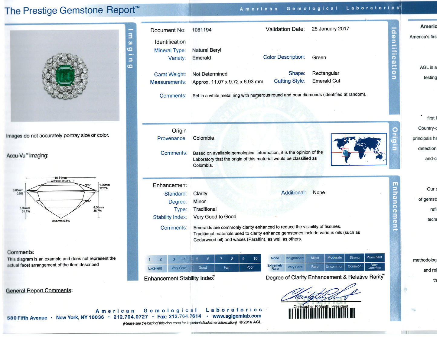 David Webb, Platinum Colombia minor Emerald Diamond Ring, AGL