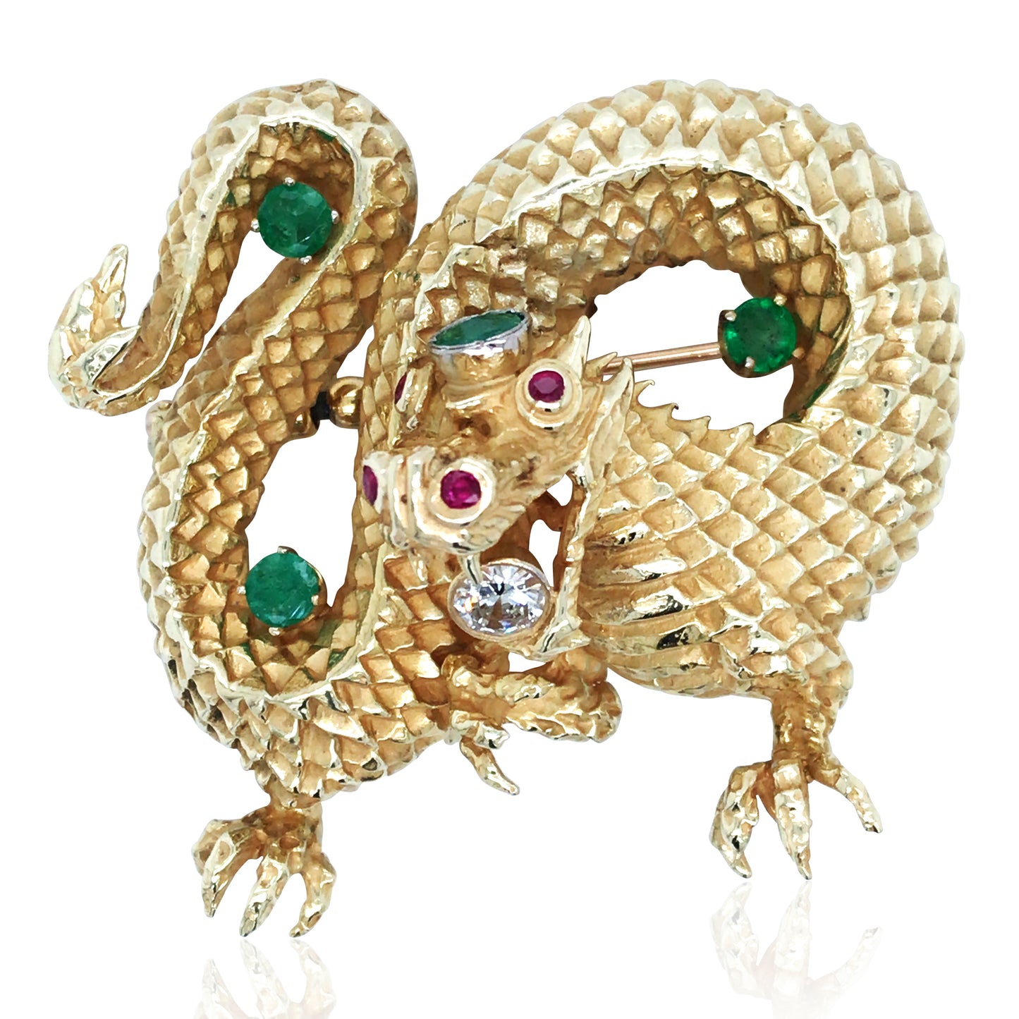 18K Gold Gemstone Diamond Dragon Brooch