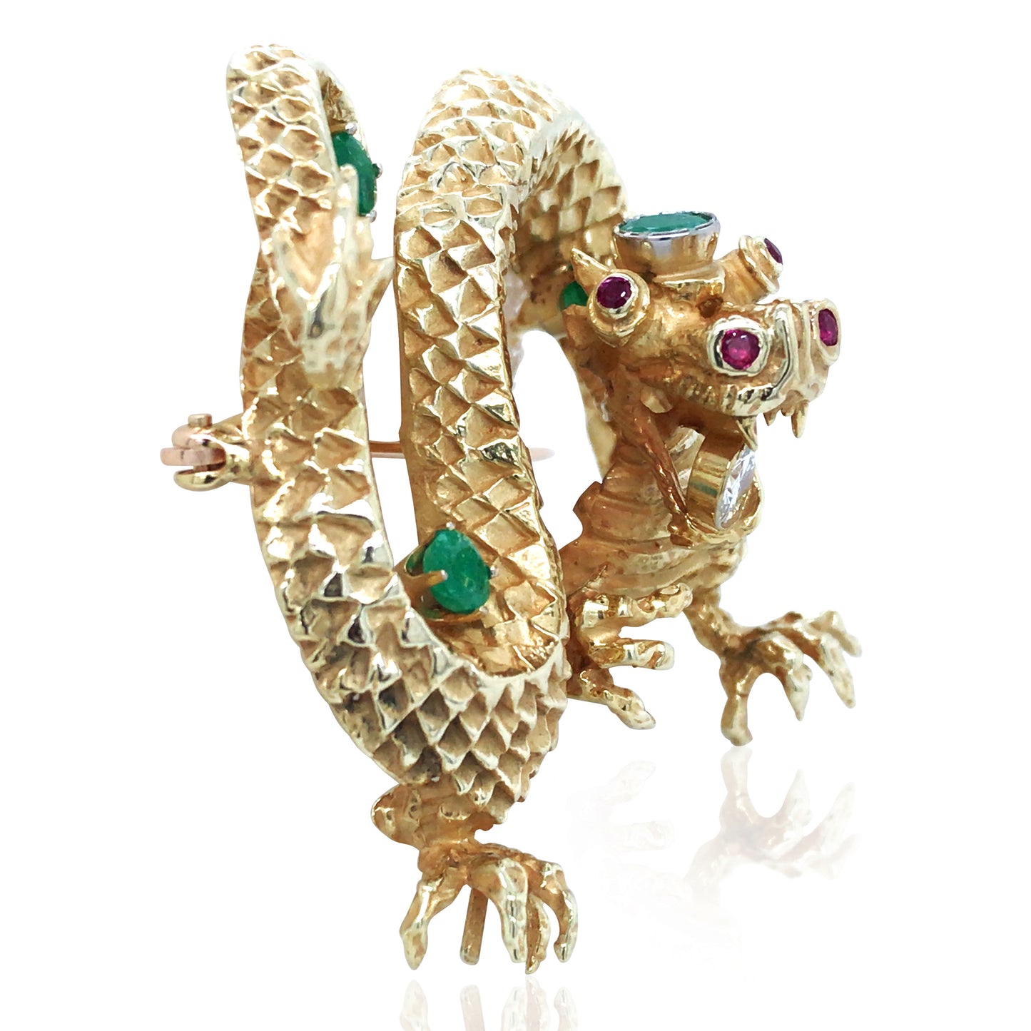 18K Gold Gemstone Diamond Dragon Brooch