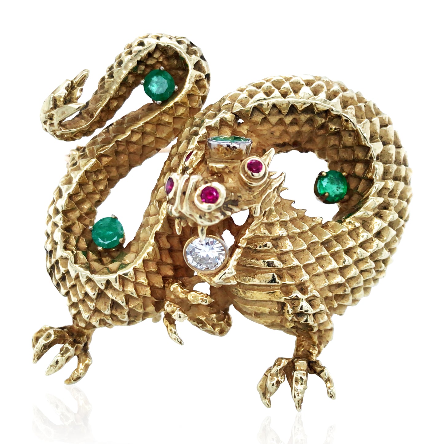18K Gold Gemstone Diamond Dragon Brooch