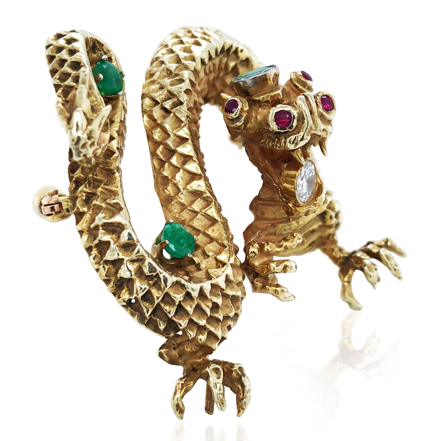 18K Gold Gemstone Diamond Dragon Brooch