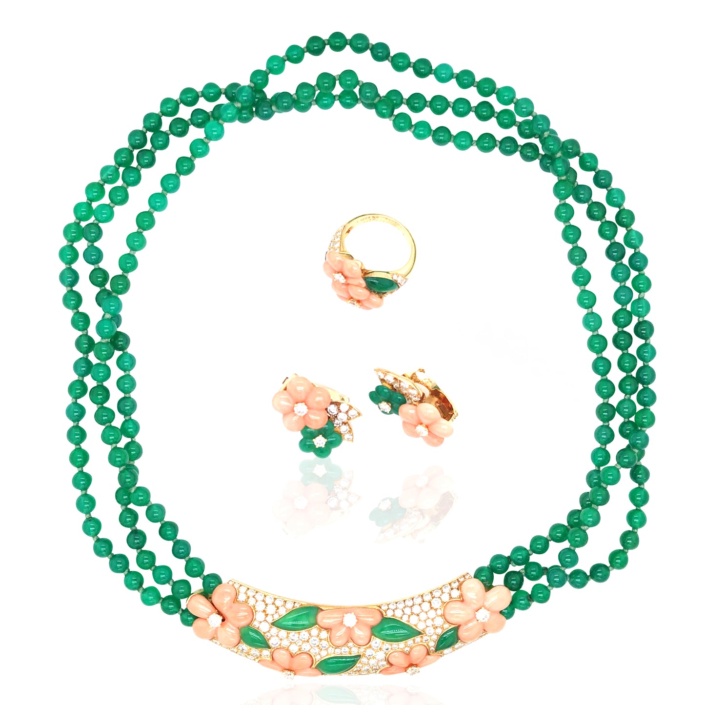 Van Cleef & Arpels, 18K Gold Coral Emerald Diamond Necklace, Earrings and Ring