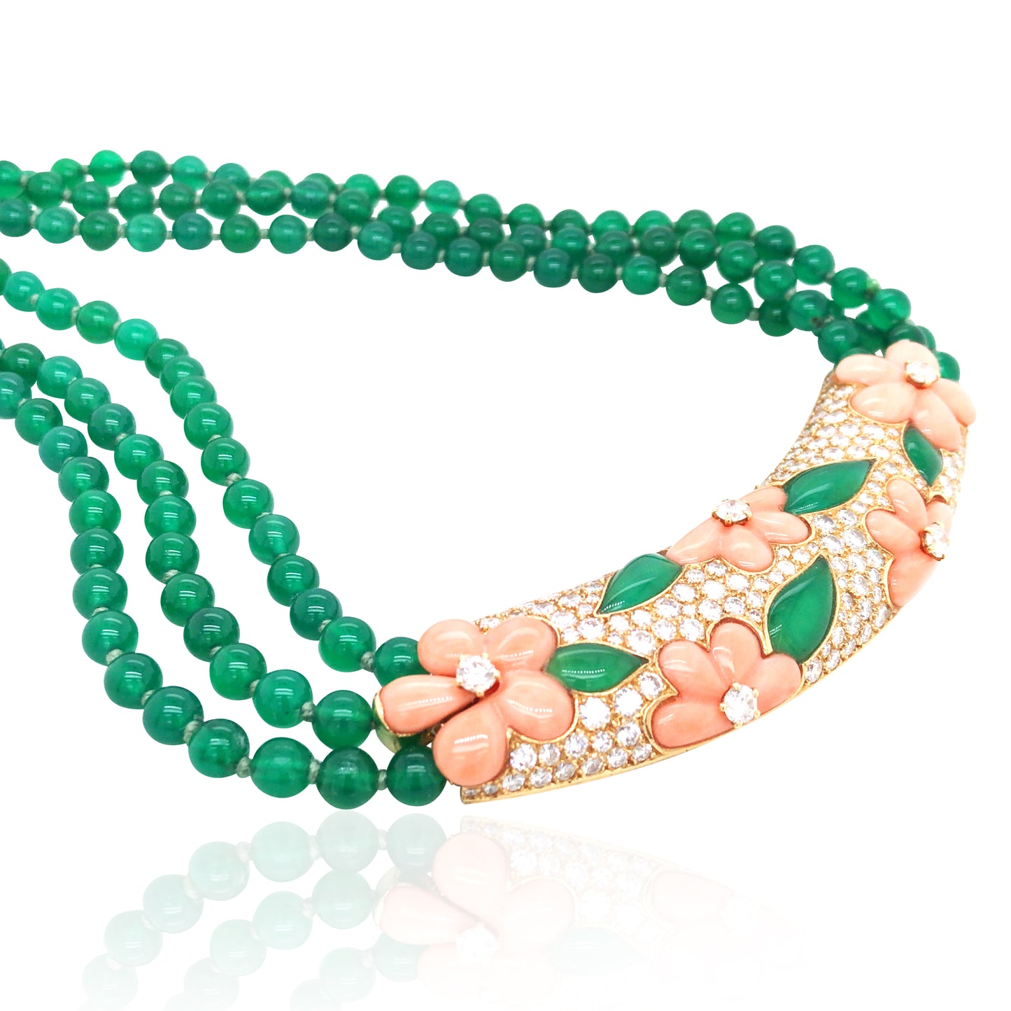 Van Cleef & Arpels, 18K Gold Coral Emerald Diamond Necklace, Earrings and Ring