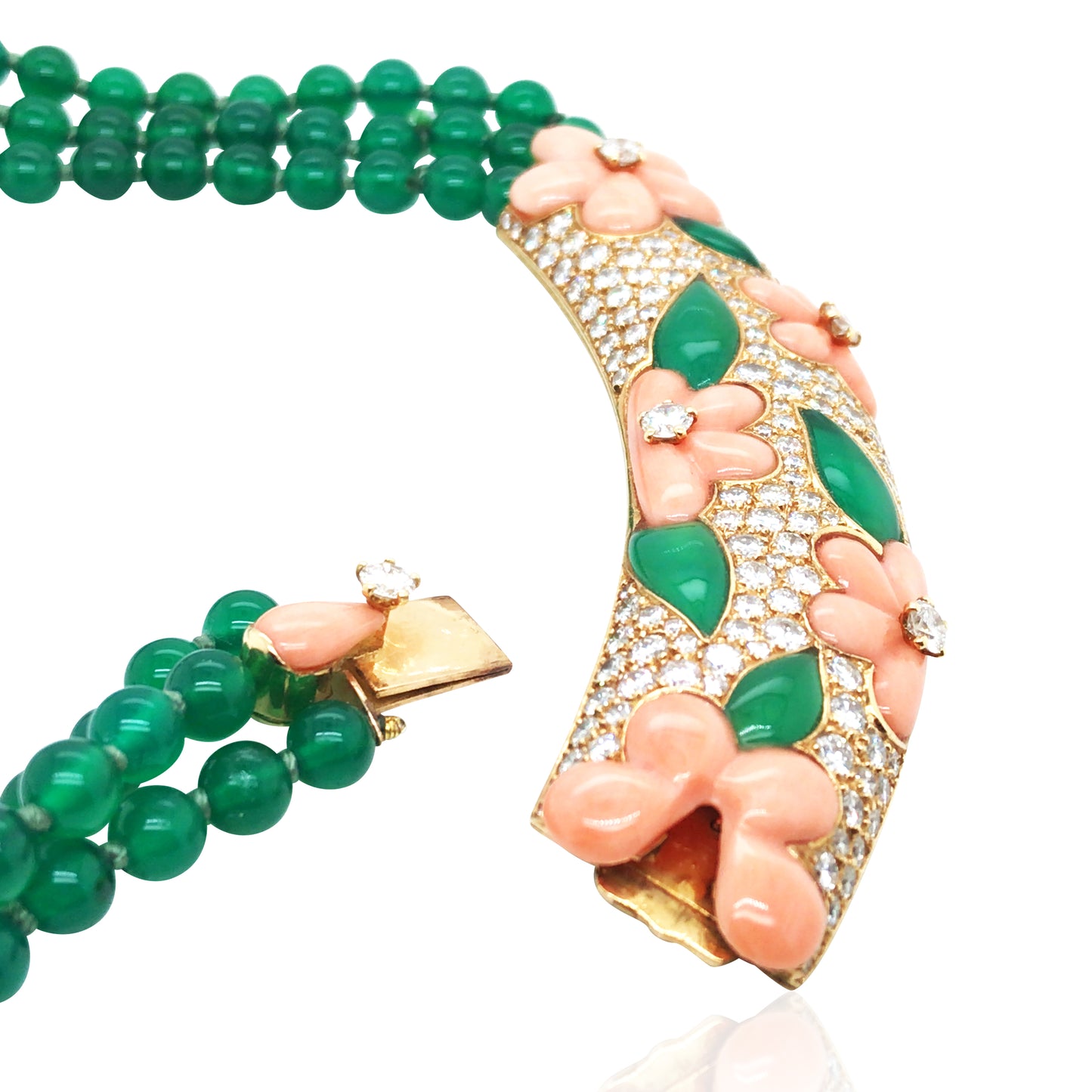 Van Cleef & Arpels, 18K Gold Coral Emerald Diamond Necklace, Earrings and Ring