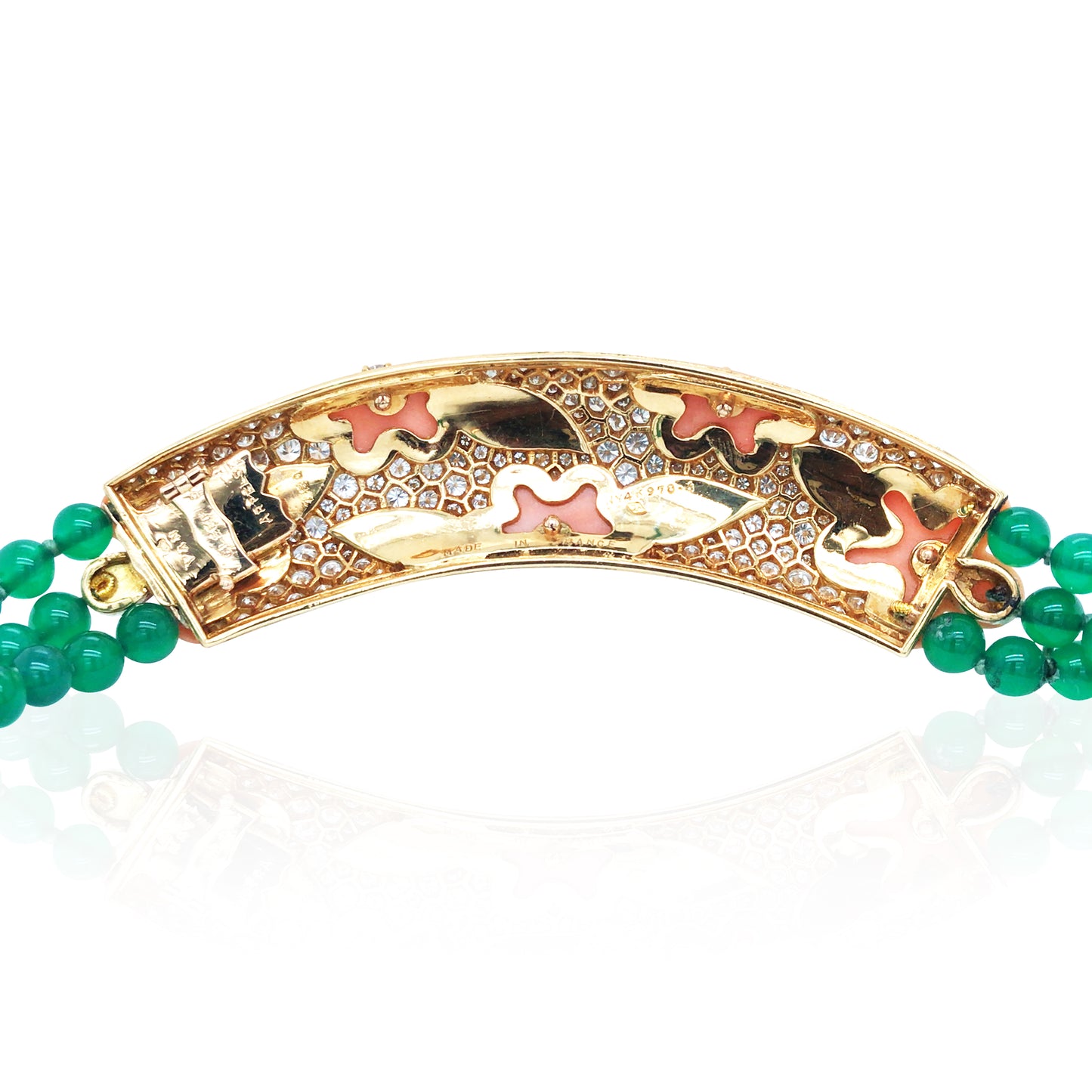 Van Cleef & Arpels, 18K Gold Coral Emerald Diamond Necklace, Earrings and Ring