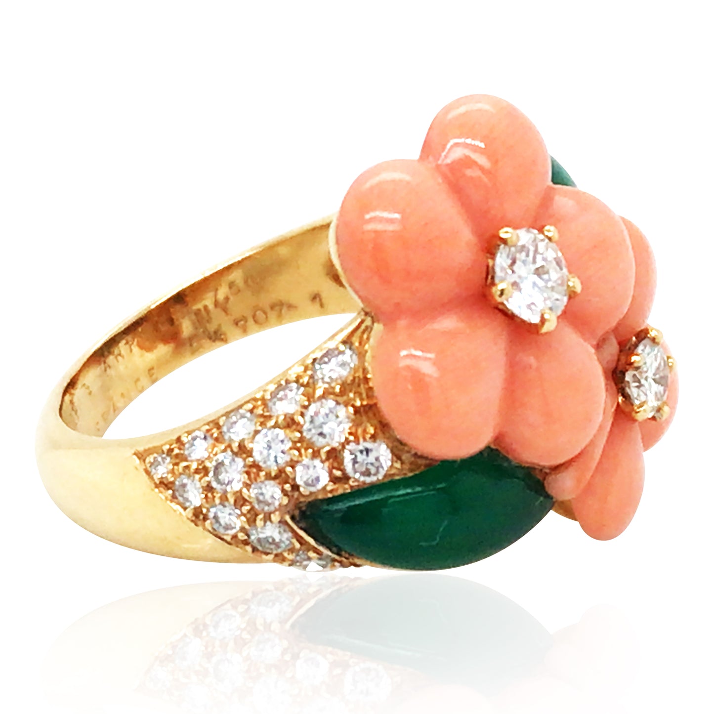 Van Cleef & Arpels, 18K Gold Coral Emerald Diamond Necklace, Earrings and Ring