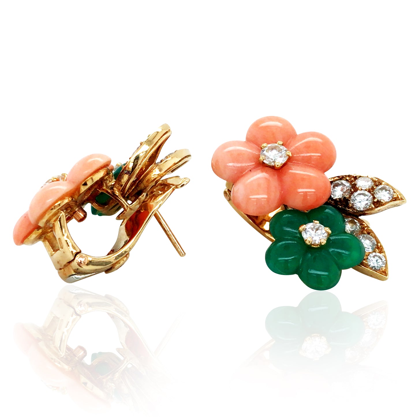 Van Cleef & Arpels, 18K Gold Coral Emerald Diamond Necklace, Earrings and Ring