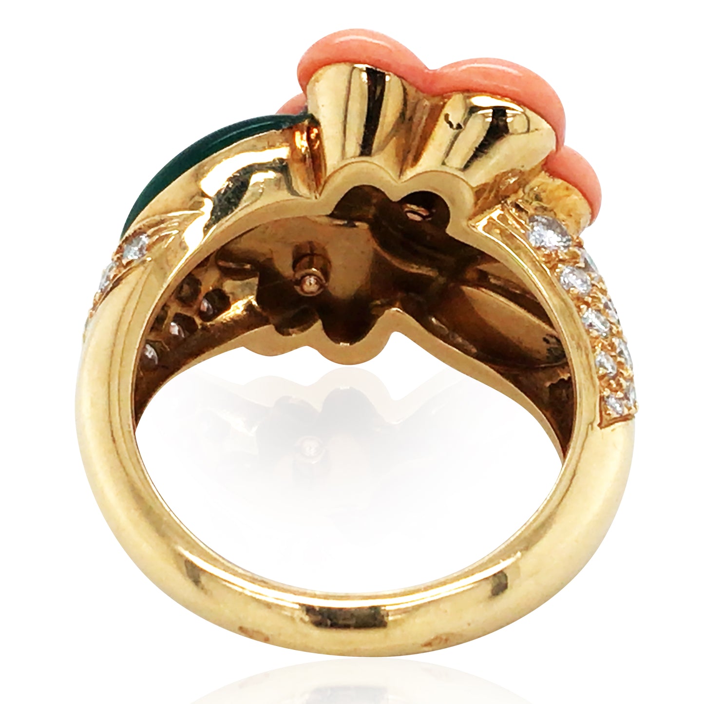 Van Cleef & Arpels, 18K Gold Coral Emerald Diamond Necklace, Earrings and Ring