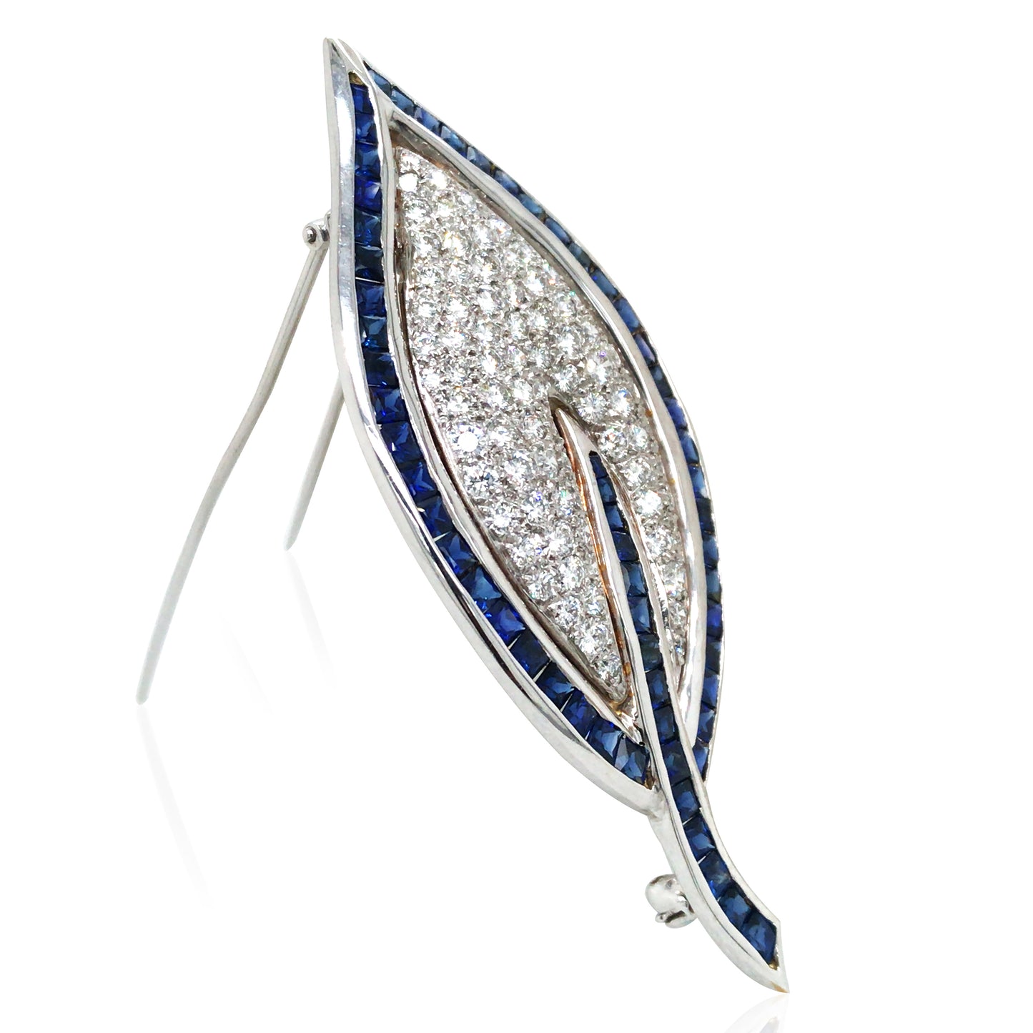 18K Gold Sapphire Diamond Leaf Brooch