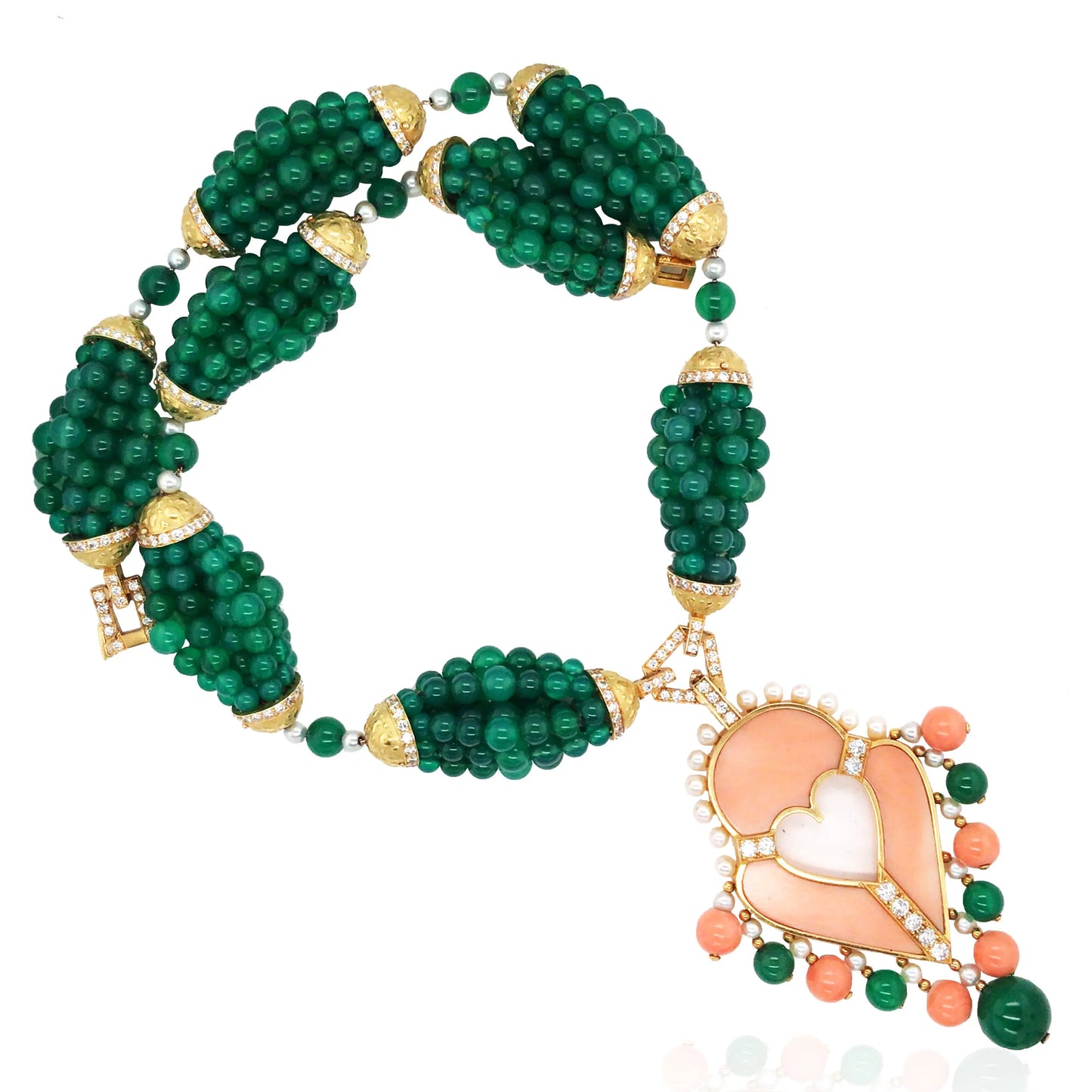 Cartier, 18K Gold Chrysoprase Bead Coral Diamond Pearl Pendant Necklace Cartier