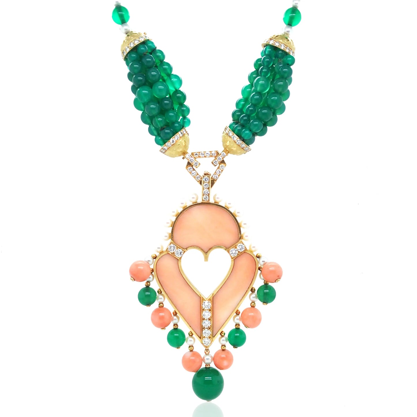 Cartier, 18K Gold Chrysoprase Bead Coral Diamond Pearl Pendant Necklace Cartier