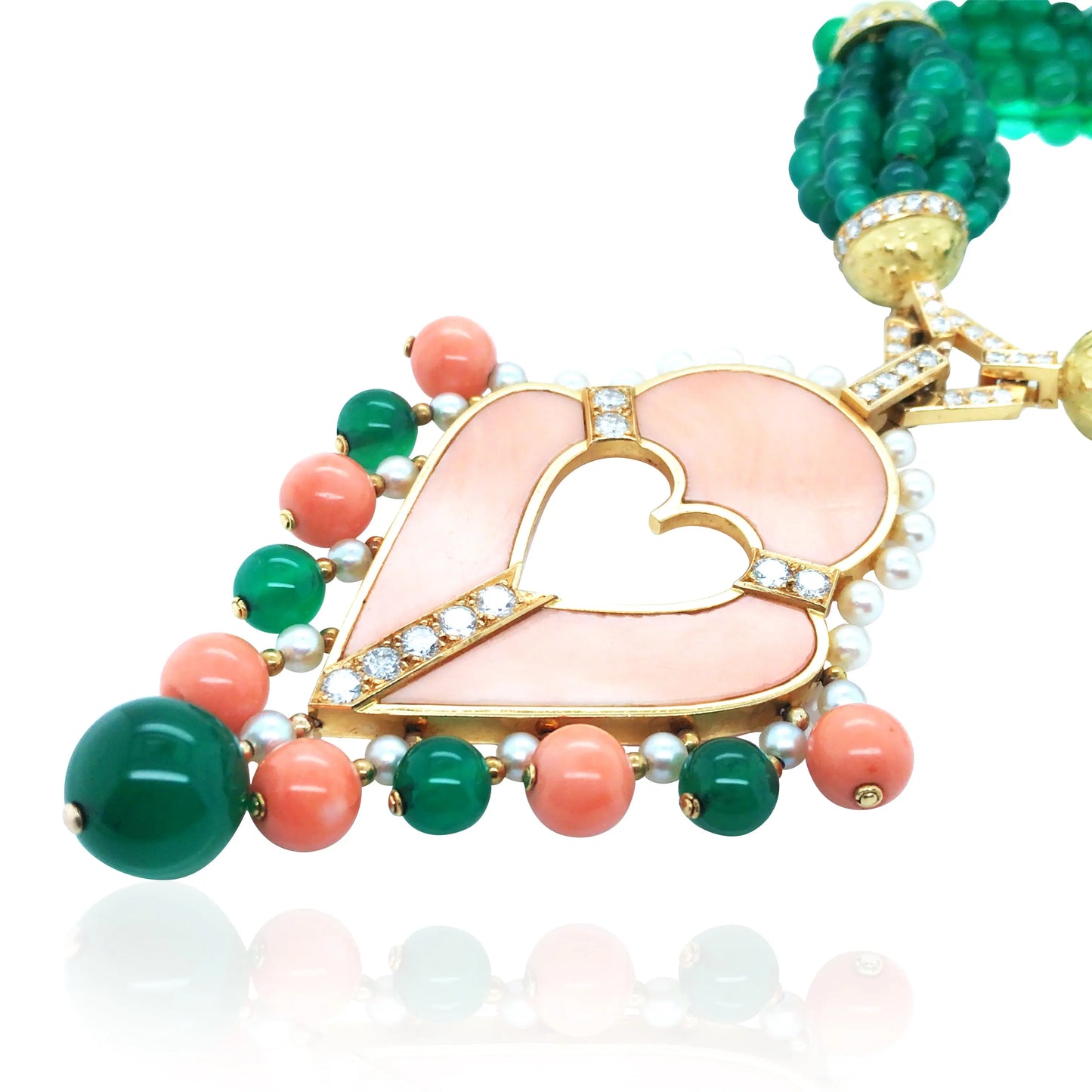 Cartier, 18K Gold Chrysoprase Bead Coral Diamond Pearl Pendant Necklace Cartier